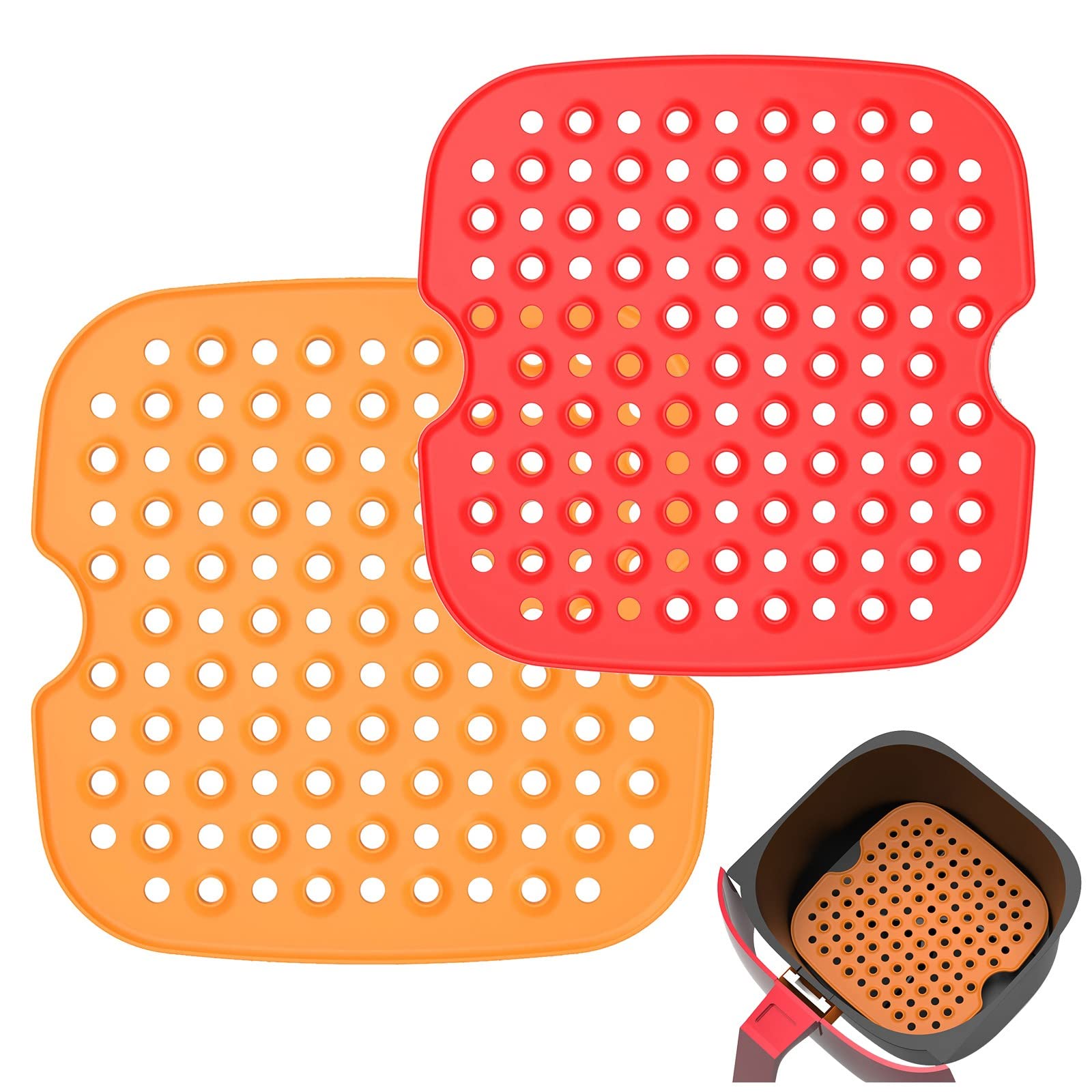 2-Pack 8.5 Inch Square Silicone Air Fryer Basket Liners - Reusable Non-Stick Microwave Safe Baking Mats for Ninja, Instant Pot, Cosori Air Fryers - Perfect for Roasting, Reheating & Crispy Cooking (Red & Orange)