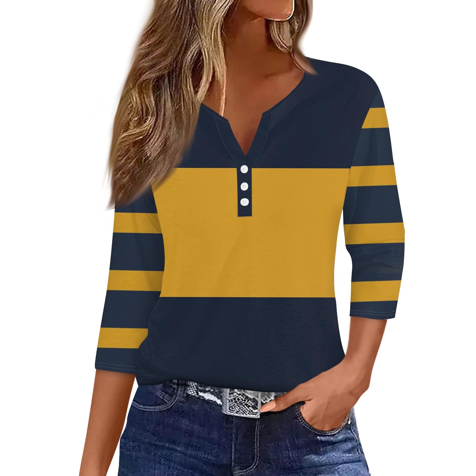 2024 Women's Summer Tops - Casual Black & White Striped 3/4 Sleeve T-Shirts (S-3XL) | Perfect for Beach Outings, Casual Wear & Summer Vacations
