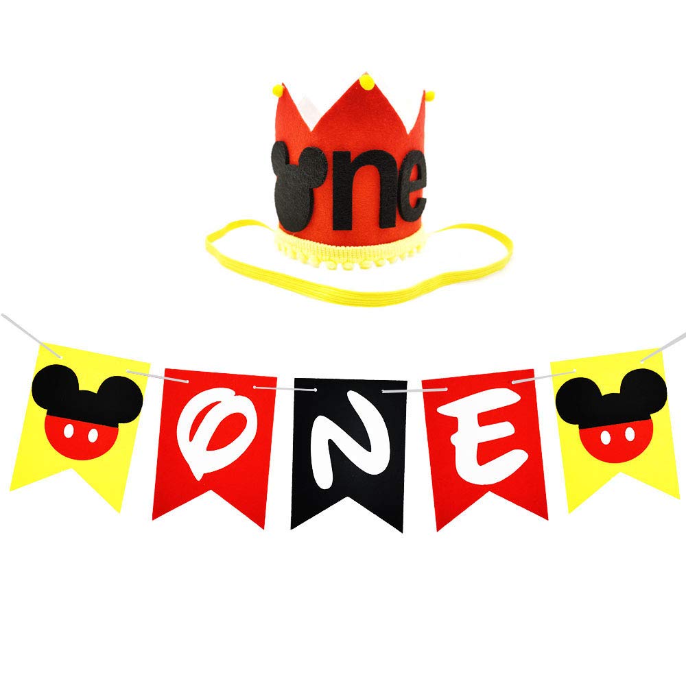 ChuangQi Mickey Mouse Theme 1st Birthday High Chair Banner & Party Crown Set - Soft Felt Fabric Decorations for Baby's First Birthday Party - Perfect for Photo Shoots, Cake Smash, and Milestone Celebrations