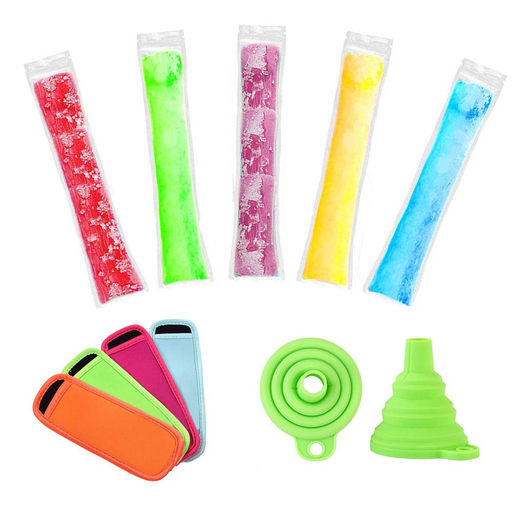 BPA-Free Disposable Ice Popsicle Bags with Zip Seals - 100 Pack Includes 4 Popsicle Holders & 1 Silicone Funnel for Kids | Perfect for Homemade Frozen Treats, Summer Snacks, and Party Favors