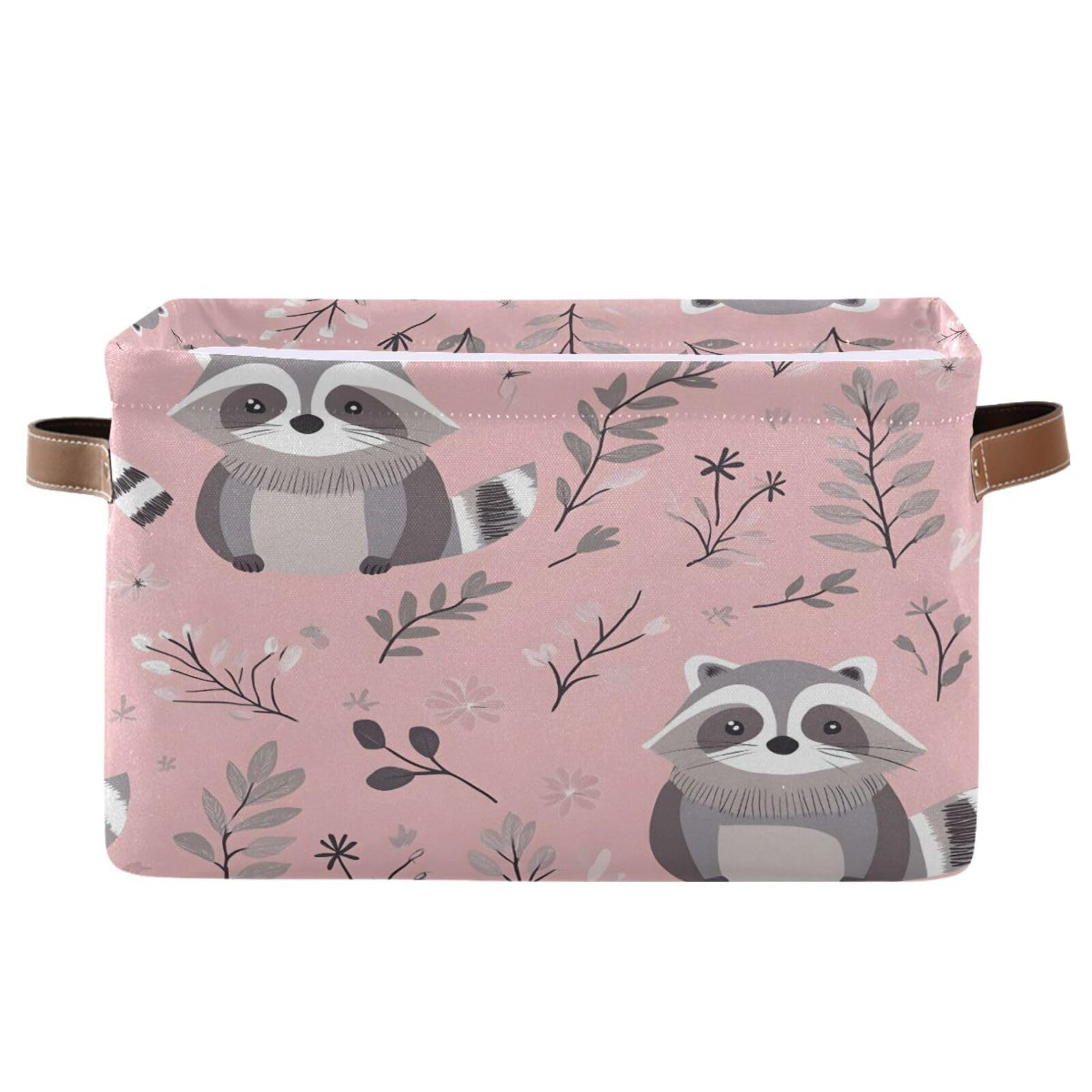 Cute Raccoon Storage Basket 2 Pack - Collapsible Canvas Rectangular Bin with Leather Handles for Closet, Office, Nursery | Home Organization & Decor for Kids Room, Laundry, Bathroom Storage