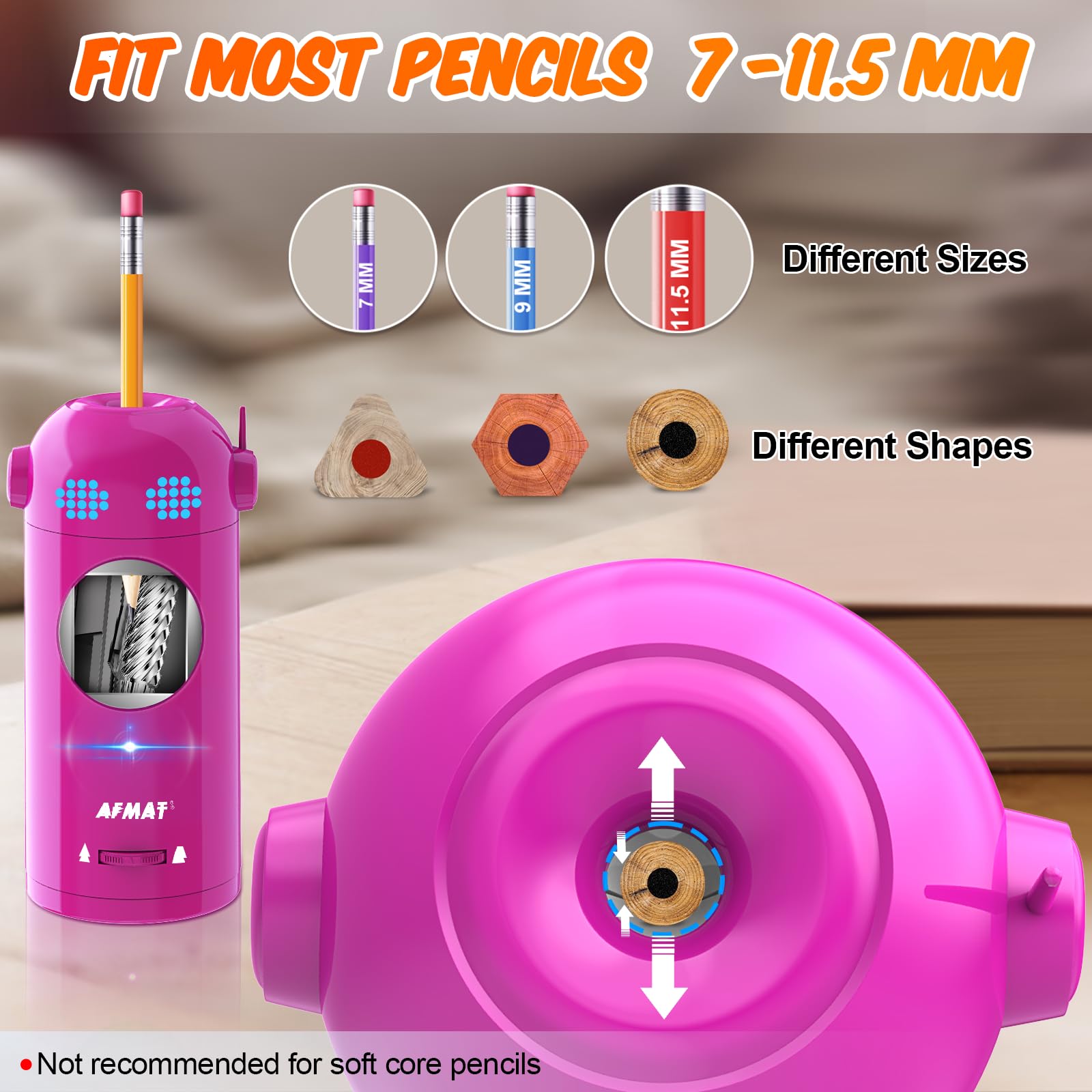 AFMAT Electric Pencil Sharpener for Colored Pencils 7-11.5mm - Automatic Rechargeable Hands-Free Sharpener with Auto In & Out - Purple (ET) - Perfect for Artists, Students & Office Use