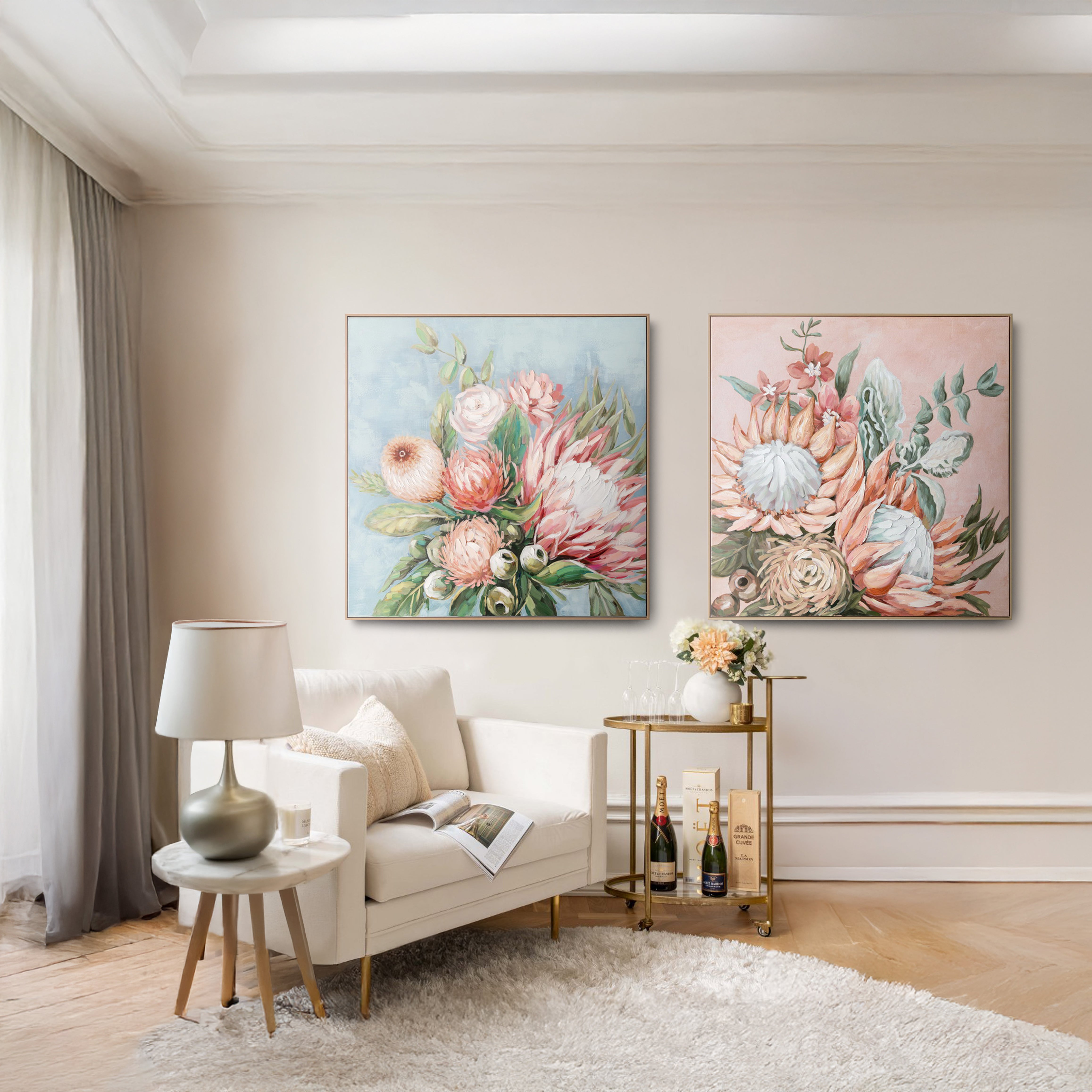 Urban Style Brushmarks Embellished Canvas Protea Blue Wall Art - Perfect for Living Room, Bedroom & Office Decor