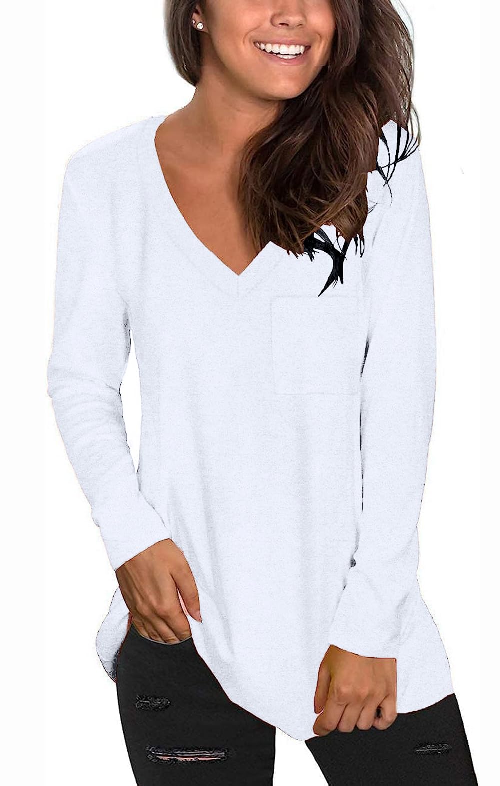 Tobrief Women's Long Sleeve V-Neck Casual T-Shirt with Pocket - Loose Fit Comfortable Blouse for Everyday Wear, Work & Outfits