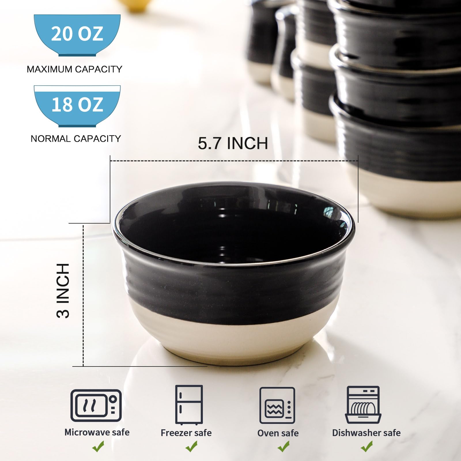 Hasense 20oz Ceramic Bowls Set of 6 - Microwave Safe for Soup, Salad & Rice - Kitchen & Dining Essentials