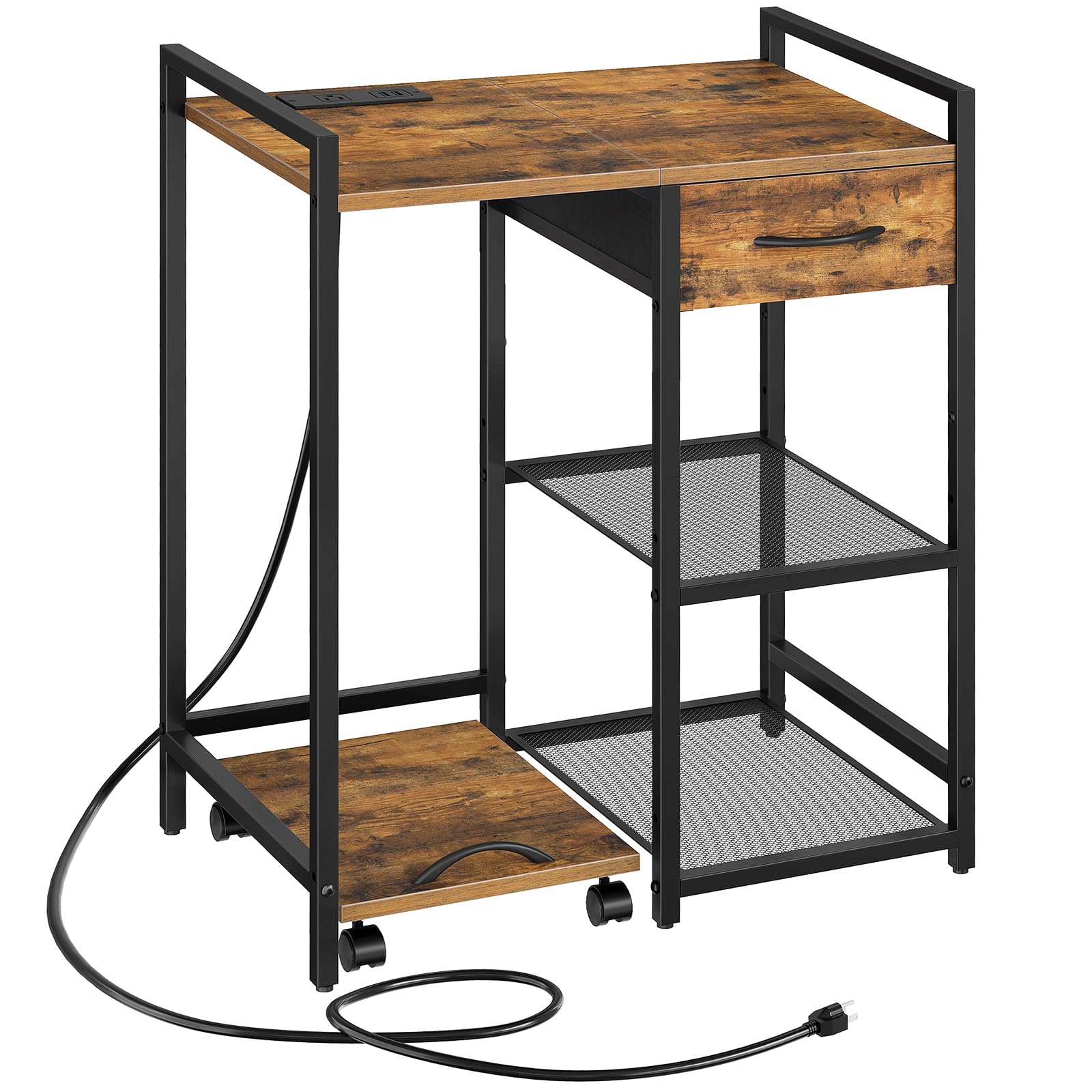 HOOBRO Printer Stand with Charging Station - Rustic Brown & Black Office Organizer with Fabric Drawer for Printer, Shredder & Fax Machine - Perfect for Home Office Workspace Organization & Device Storage