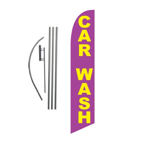 Premium Car Wash Advertising Feather Banner Swooper Flag with Pole Kit & Ground Stake - Purple & Gold | Eye-Catching Business Promotion for Car Detailing, Auto Shops & Gas Stations