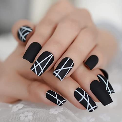 24-Piece Black False Nails Medium Length Full Coverage Glossy Fake Artificial Nails with Black Strip Design - Perfect for Parties, Weddings & Special Occasions