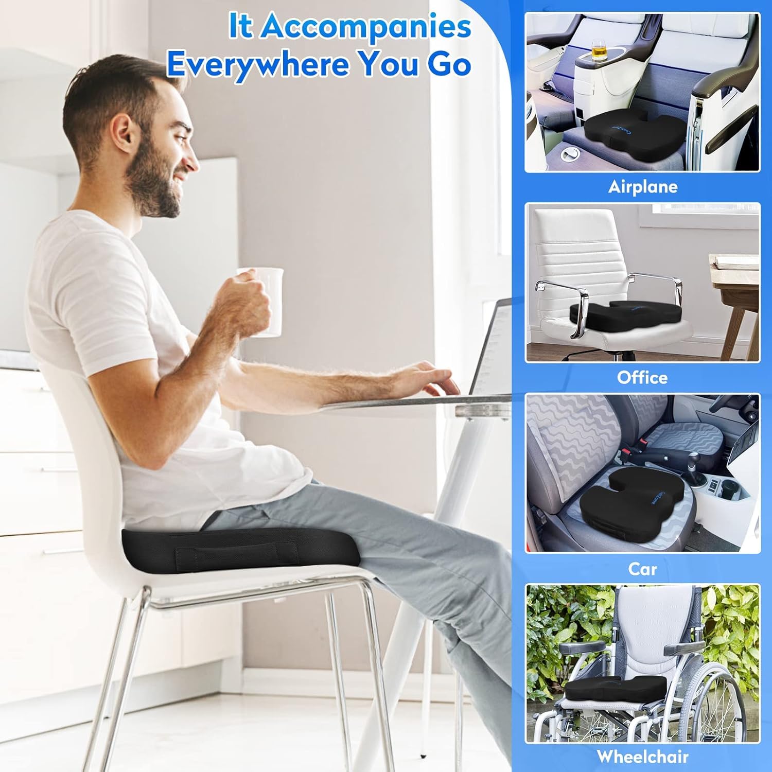 **Extra Large Memory Foam Seat Cushion for Office Chair, Car, Airplane & Wheelchair - Non-Slip Comfort Pad for Desk, Bleachers & Travel - Black (Ideal for Long Sitting, Back Pain Relief & Pressure Relief)**