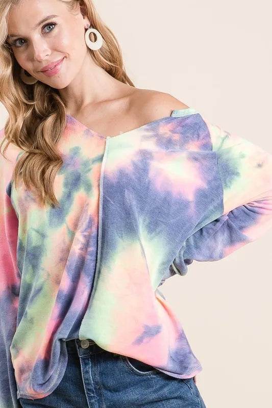 Bibi Tie Dye Terry Crop Top with Contrast Stitching - Women's Fashion Casual Short Sleeve Shirt for Summer, Beach, and Music Festivals