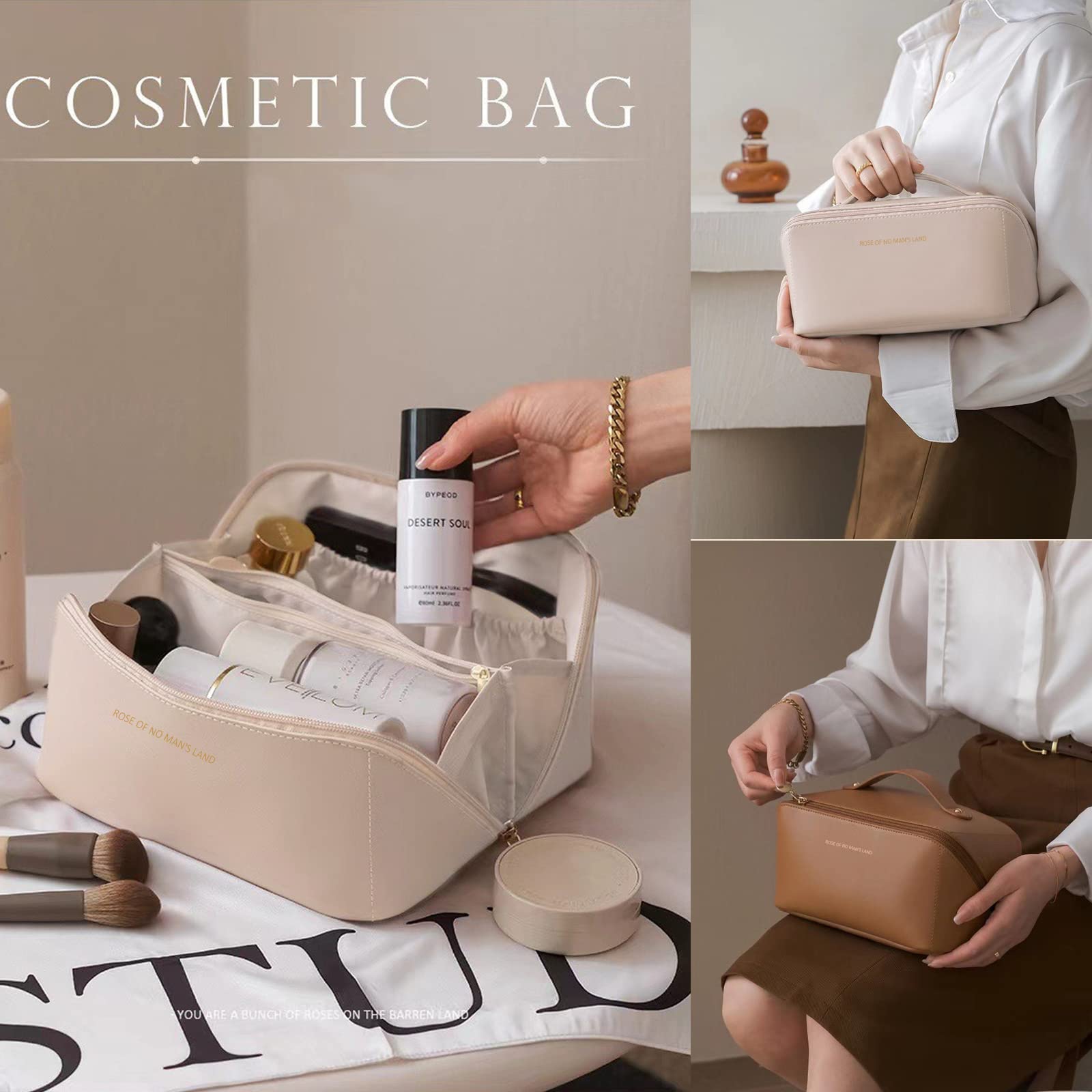 Large Capacity Travel Cosmetic Bag 2-Pack - Waterproof PU Leather Makeup Organizer with Dividers for Travel & Daily Use