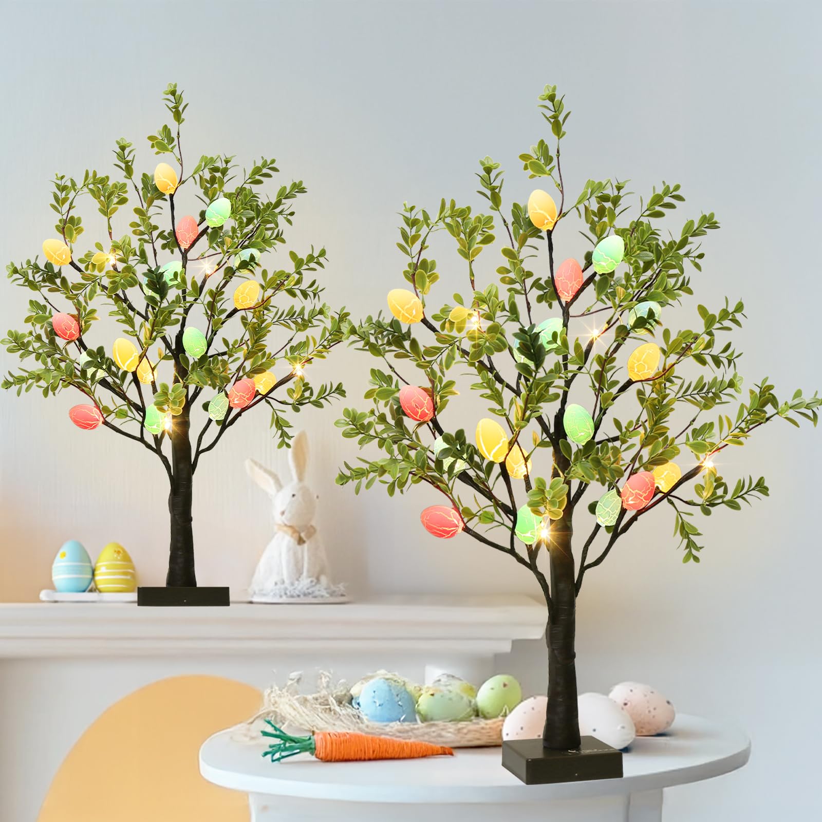 EAMBRITE 2Ft LED Lighted Easter Tree with 24 Hanging Eggs - Battery/USB Powered Artificial Tabletop Tree for Spring Home Decor - Perfect for Easter Celebrations, Party Centerpieces & Seasonal Table Displays (2 Pack)