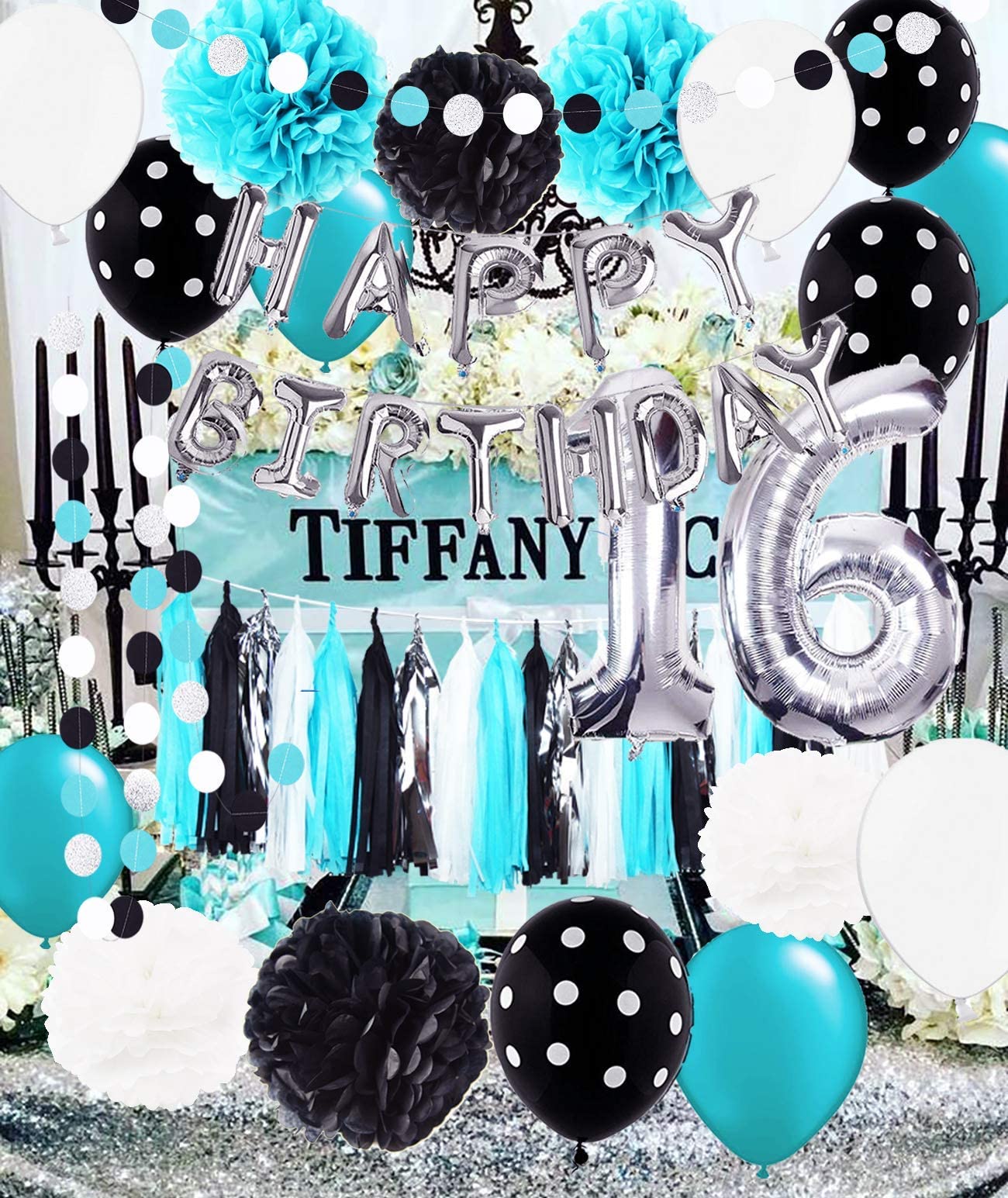 Sweet 16 Birthday Party Decorations - Turquoise, Silver & Black Polka Dot Balloons & Party Supplies for Girls | 16th Birthday Decor | Teen Party Decorations for Home, School Dances & Milestone Celebrations