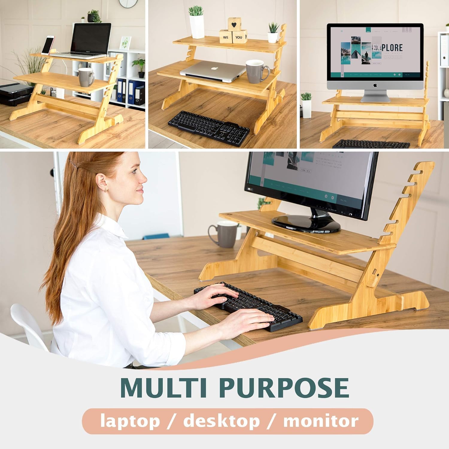 Adjustable Standing Desk Riser - 100% Natural Bamboo Monitor Stand with No Screws Assembly (19