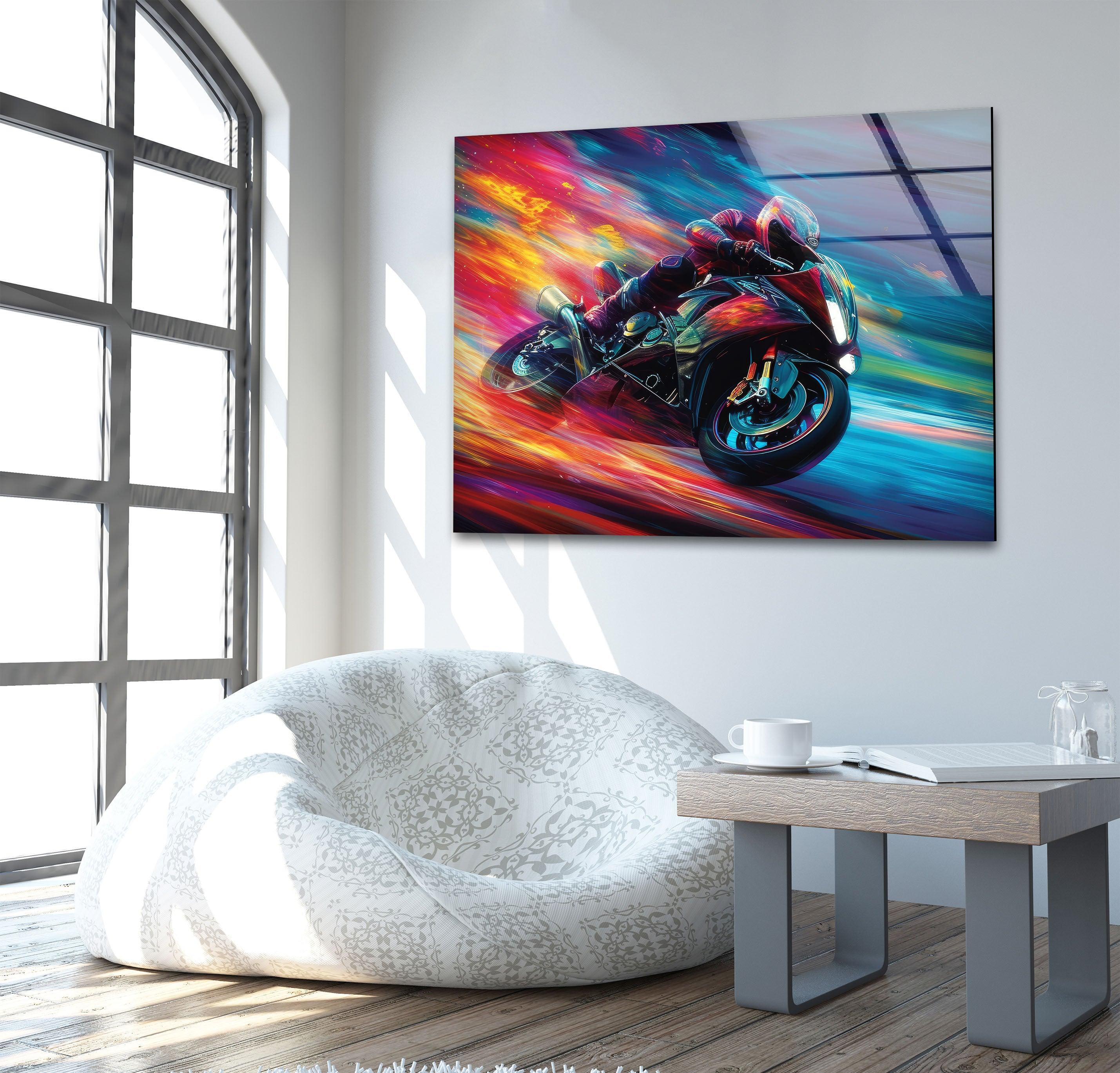 Vibrant Motor Racer Glass Wall Art - Modern Home Decor for Living Room, Bedroom & Office - Unique Automotive Themed Gift for Car Enthusiasts