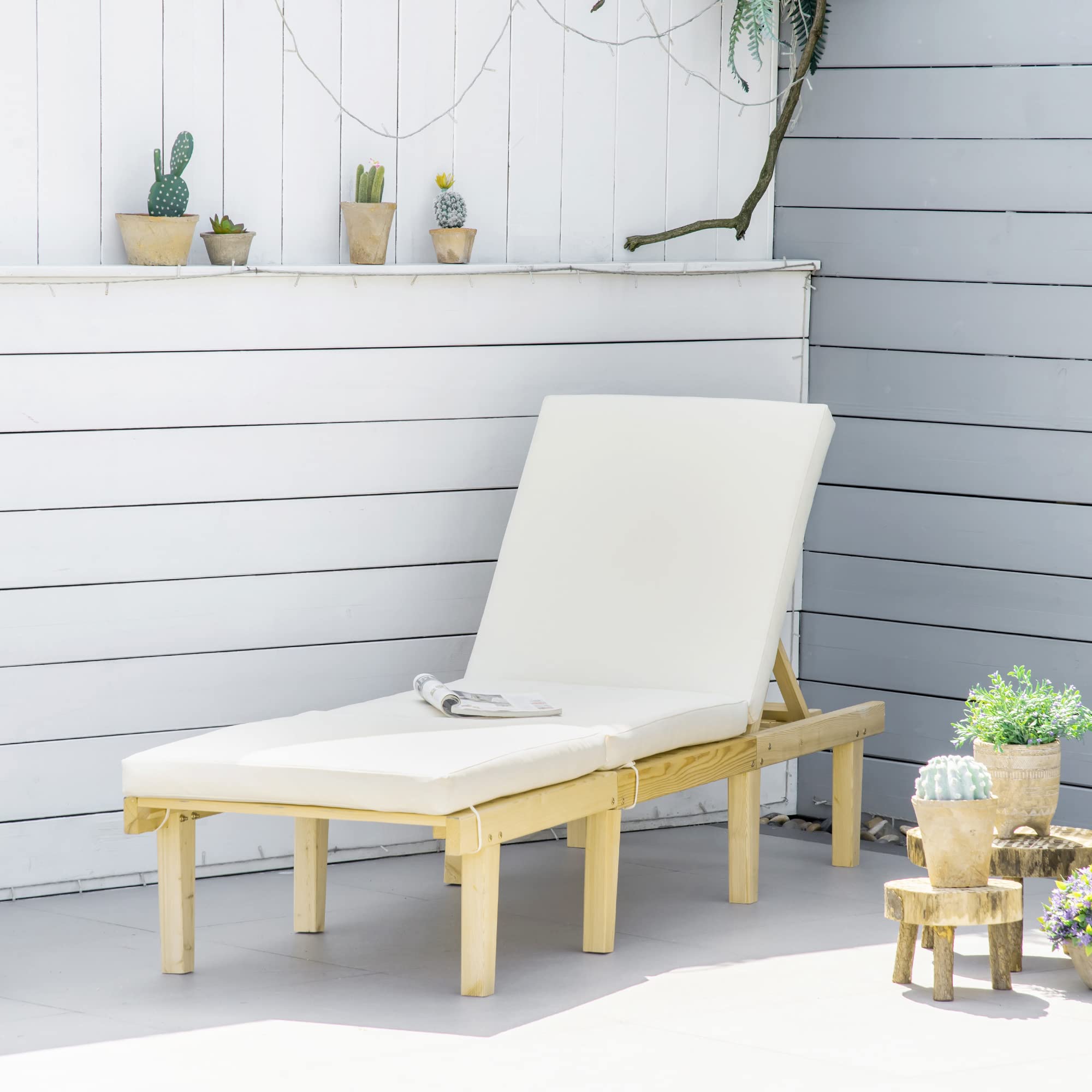 Outsunny Adjustable Wooden Chaise Lounge Chair for Outdoor - 4-Position Reclining Patio Furniture with Cushion - Perfect for Poolside, Beach, Deck, Garden & Sunbathing Relaxation