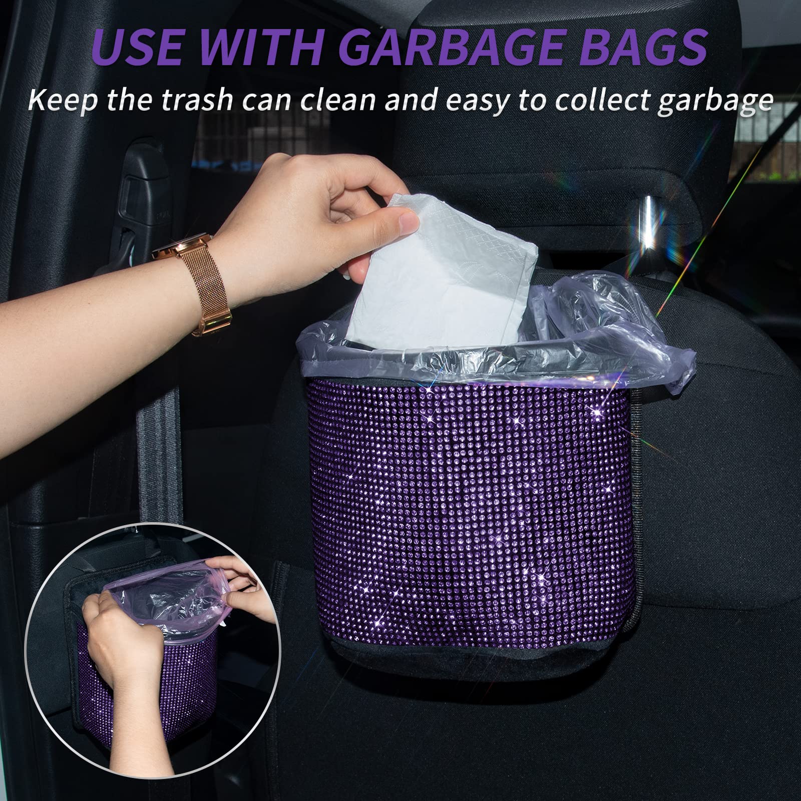 Bling Crystal Car Seat Organizer - Premium Front & Back Seat Travel Caddy Bag with Garbage Pocket | Diamond Car Accessories (1-Pack, Purple) | Perfect for Road Trips, Commuting & Family Travel