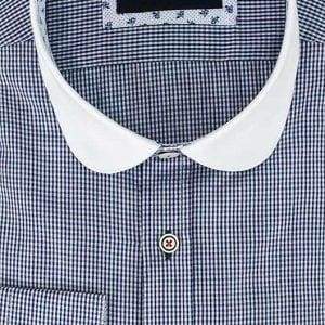 Cavani Men's Penny Round Collar Navy Gingham Check Formal Shirt - Peaky Blinders Style Business Casual Dress Shirt for Office, Wedding & Special Occasions