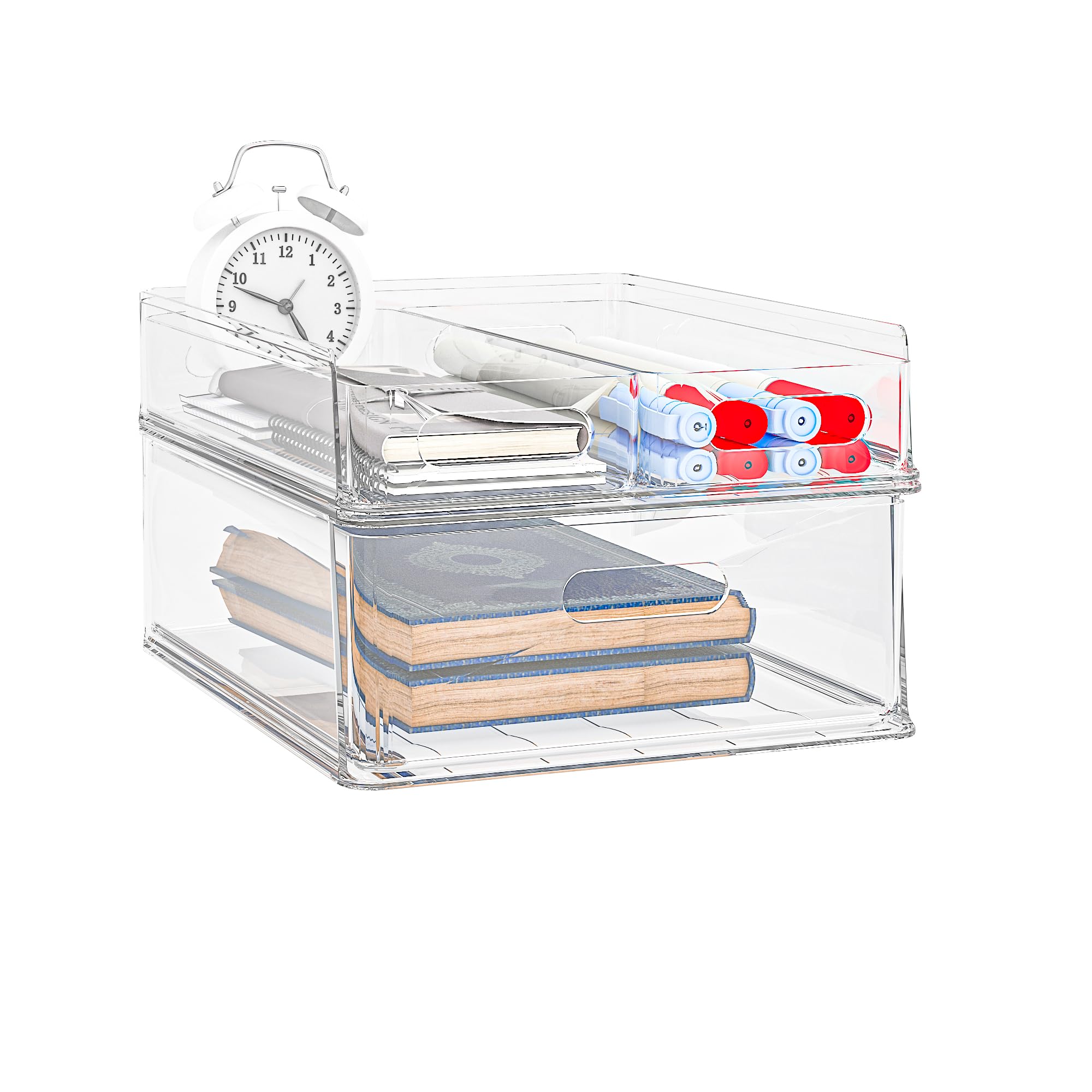 2 Pack Clear Acrylic Desk Organizer with Drawer - Stackable Office File Storage for Documents, Makeup & Art Supplies - Perfect for Home Office, School & Beauty Vanity Organization