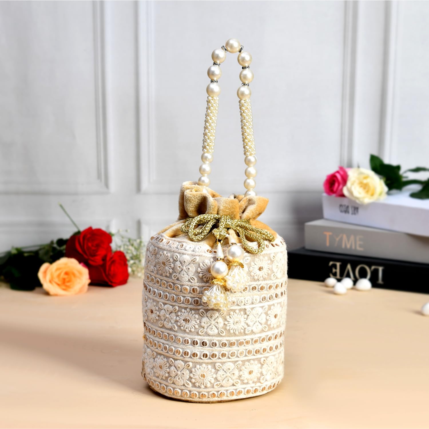 Luxury Velvet Lucknowi Embroidered Potli Bags for Women - Traditional Indian Ethnic Drawstring Purse with Pearl Handle - Perfect for Weddings, Parties & Festivals - Golden    (Ideal for bridal accessories, cultural events, Diwali celebrations, and as elegant gift packaging)