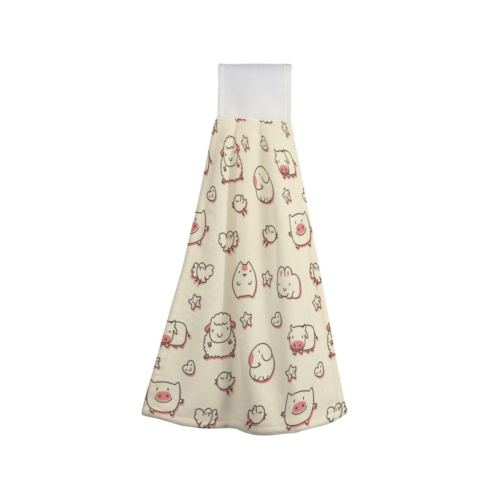 Super Absorbent Kitchen Hanging Hand Towels Set of 2 - Cute Cartoon Animal Design in Beige & Pink | Soft Bathroom Towels with Loop for Easy Hanging | Machine Washable | Perfect for Kids' Rooms, Bathrooms & Kitchen Decor