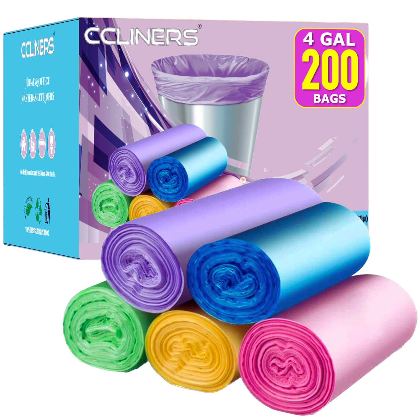 4 Gallon Trash Bags - 200 Count Small Garbage Bags for Bathroom, Office, Kitchen & Home Use | 5 Color Can Liners | Perfect for Waste Bins, Diaper Pails & Small Trash Cans