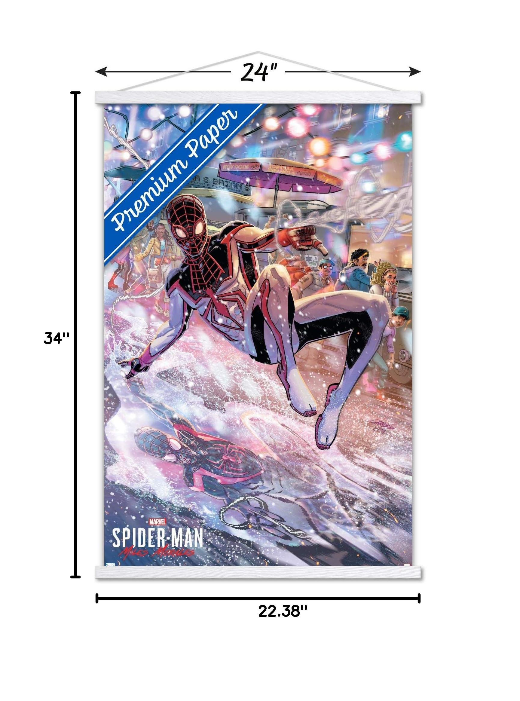 Trends International Marvel Spider-Man: Miles Morales-Javier Garron Wall Poster with Magnetic Frame - 22.375 x 34 Inches Premium Print & White Hanger Bundle - Perfect for Home Decor, Office, Bedroom, and Gifts for Marvel Fans