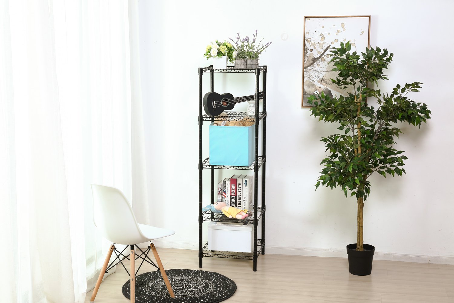 HollyHOME 5-Tier Adjustable Heavy Duty Steel Wire Shelving Rack - Space Saving Storage Shelf for Small Spaces, Room Corners, Bathroom, Kitchen & Garage - Thick Metal Tube Construction in Black
