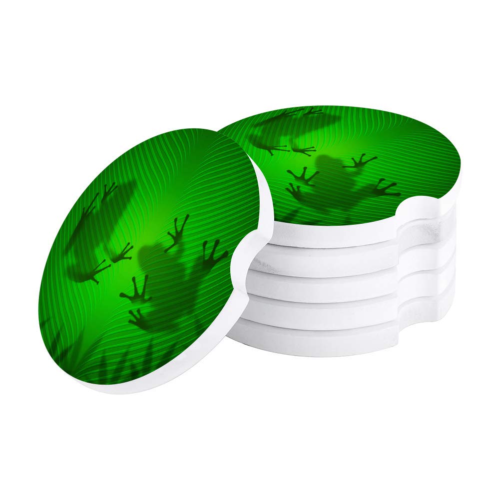 Absorbent Frog Green Ceramic Car Coasters with Finger Notch - 6 Pack Forest Leaf Design for Easy Removal, Perfect for Car Cupholders, Office Desks, and Home Use