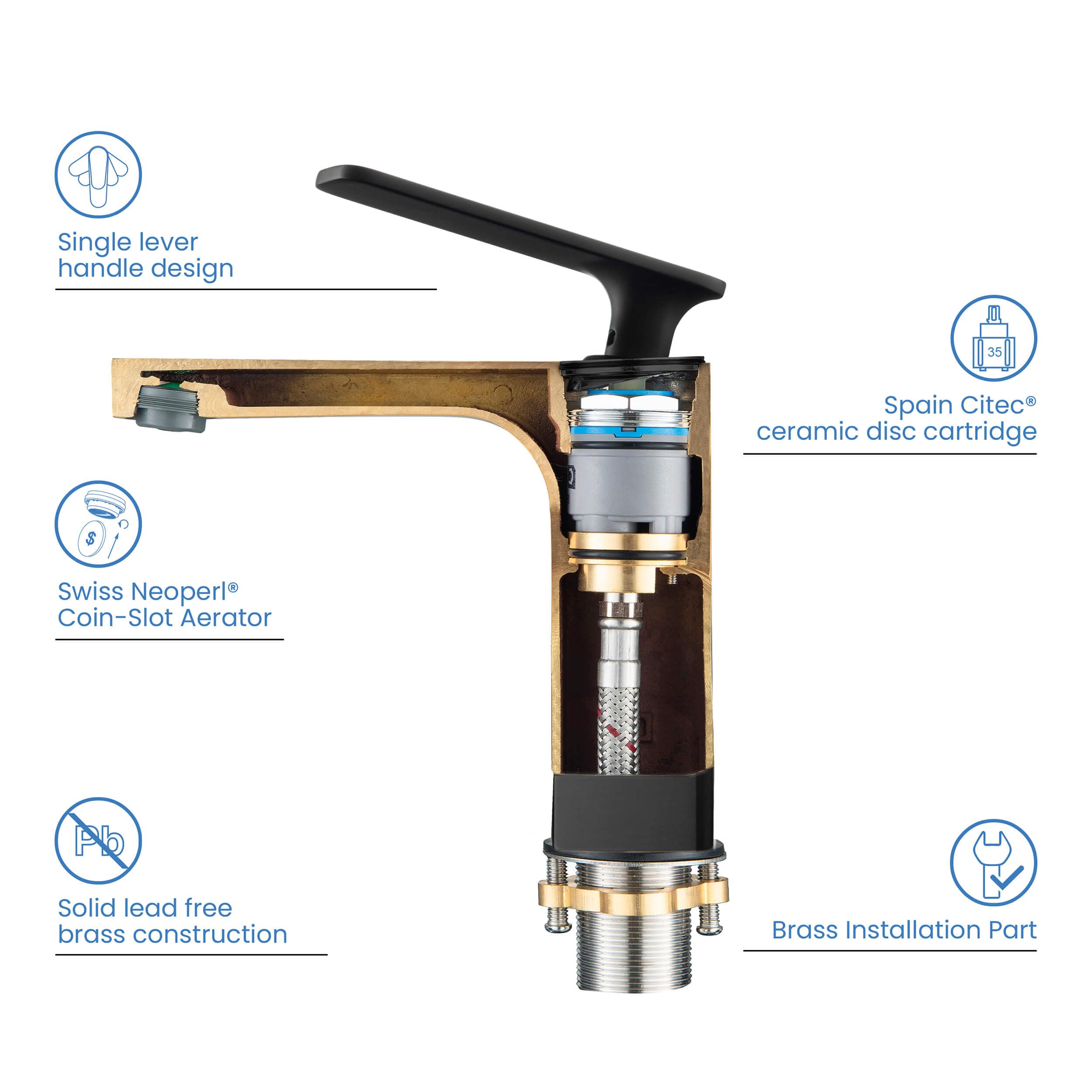 KIBI Infinity Single Handle Bathroom Vanity Sink Faucet with Pop Up Drain | Solid Brass Lavatory Faucet with High Arc Spout | Includes Water Hose for Easy Installation (Matte Black, KBF1006) | Perfect for Modern Bathroom Renovation & Home Upgrade