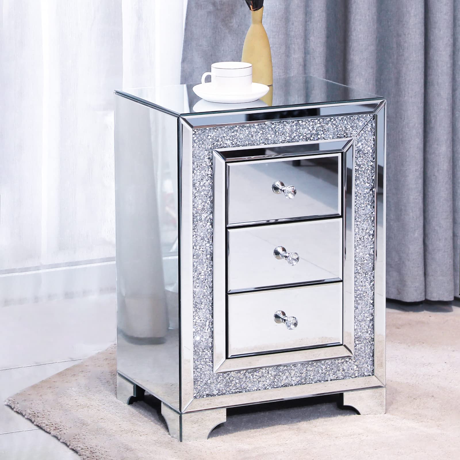 RANDEFURN Mirrored Nightstand with 3 Drawers - Crystal Handles Bedside Table for Bedroom & Living Room - Modern End Table with Mirror Finish (16.5x12x23.8 Inches) - Perfect for Small Spaces, Apartment Decor & Guest Room Furniture