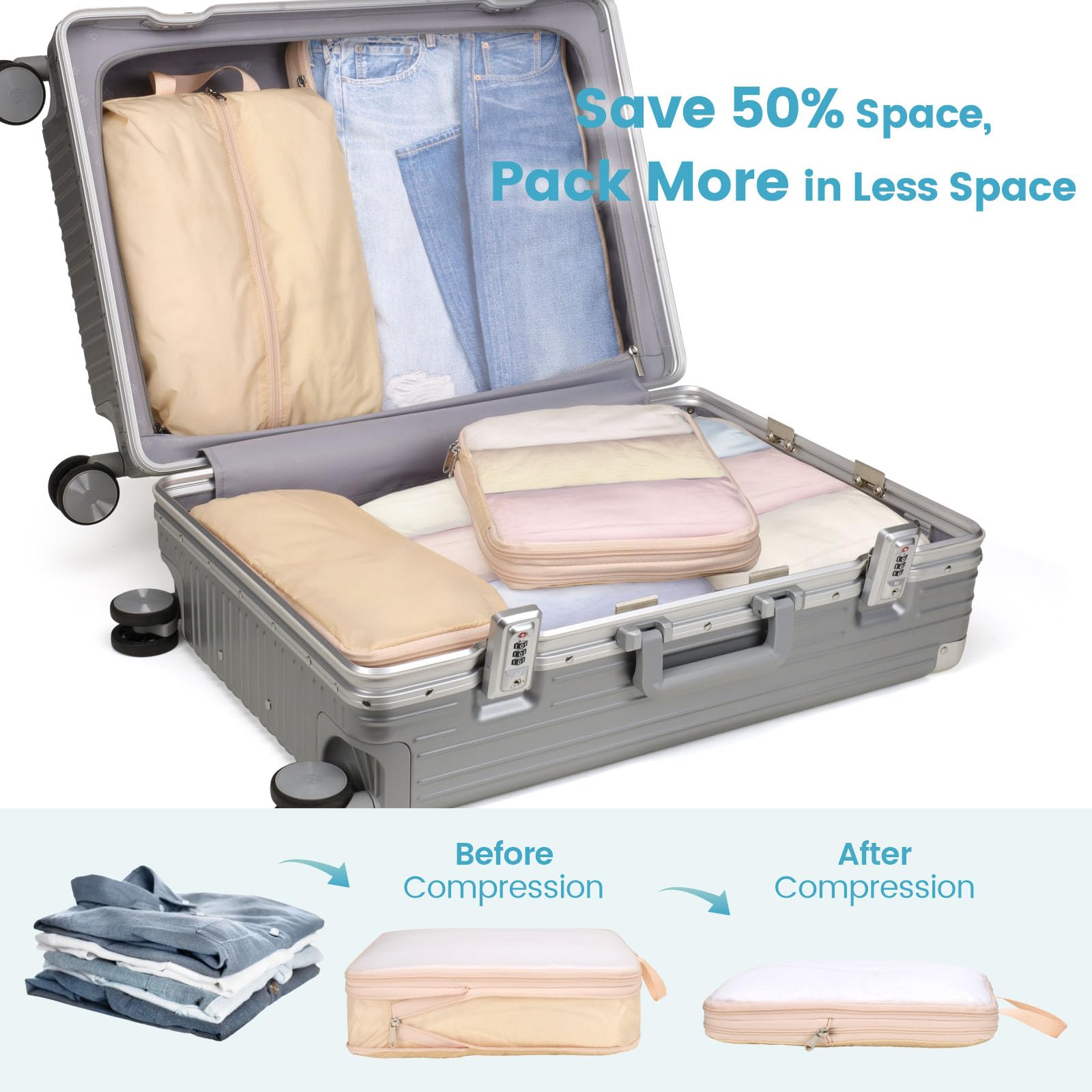 Cambond Compression Packing Cubes for Travel - 6-Piece Set of Luggage Organizers for Women | Space-Saving Travel Essentials for Carry-On Suitcases | Perfect for Business Trips, Vacations & Weekend Getaways