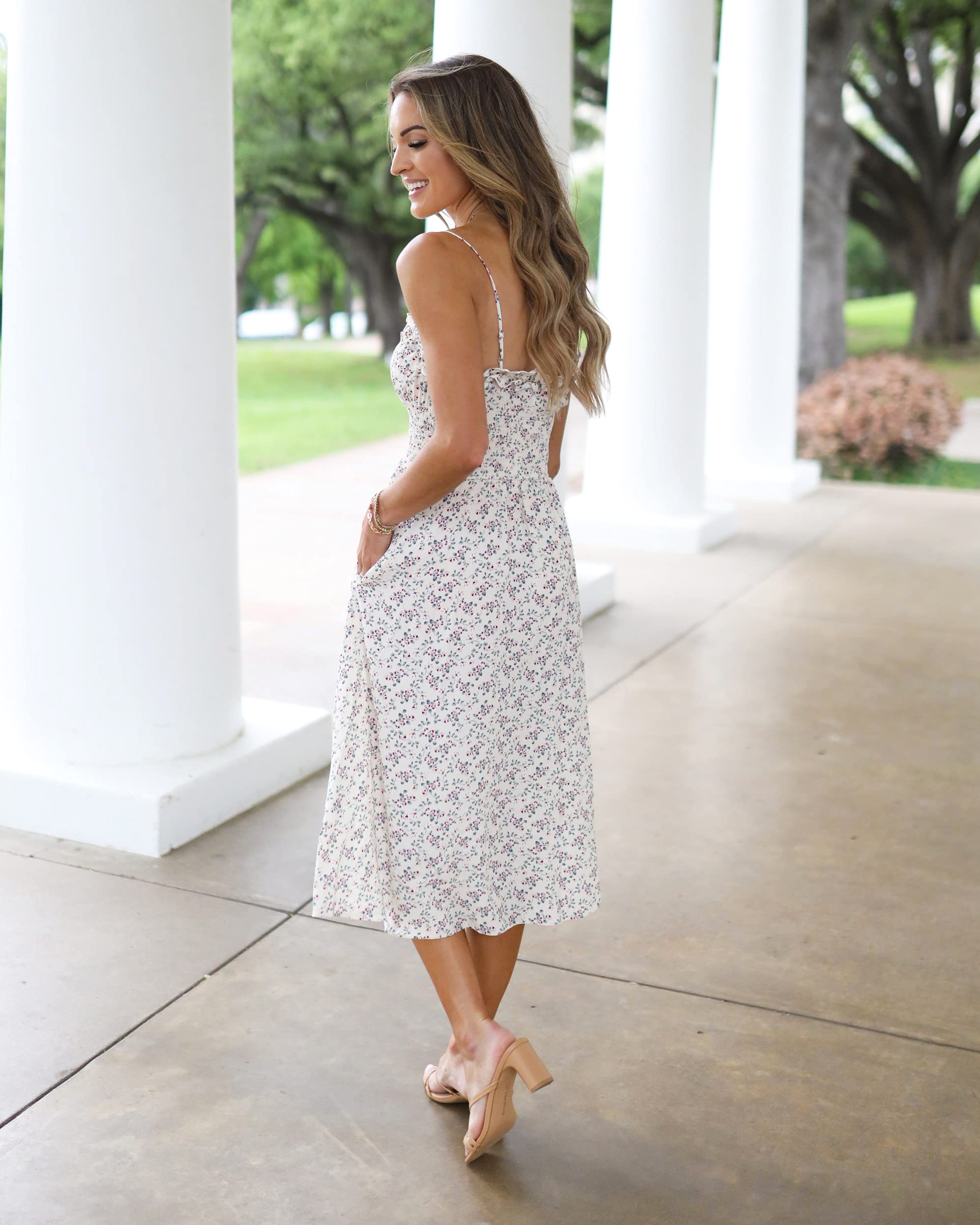 The Drop Women's Ivory Floral Print Smocked Midi Dress by Lauren Kay Sims | Summer Boho Dress for Beach Vacations, Brunch Dates & Outdoor Weddings