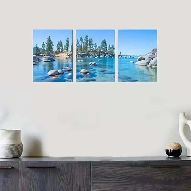 3-Piece Vibrant Forest & Rocky Lake Metal Wall Art Prints - Ready to Hang Nature Landscape Decor for Living Room, Bedroom & Office