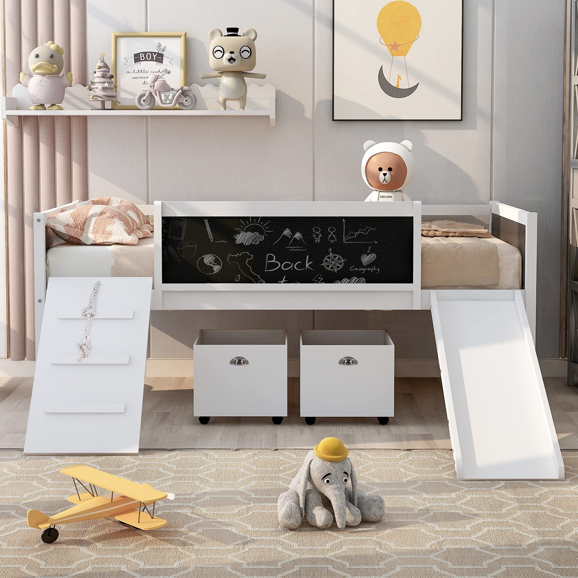 **White Twin Loft Bed with Slide for Kids & Toddlers - Wooden Low Loft Bed with Open Storage Boxes, Climbing Frame & Chalkboard - Perfect for Small Rooms, Playrooms & Shared Kids' Bedrooms**