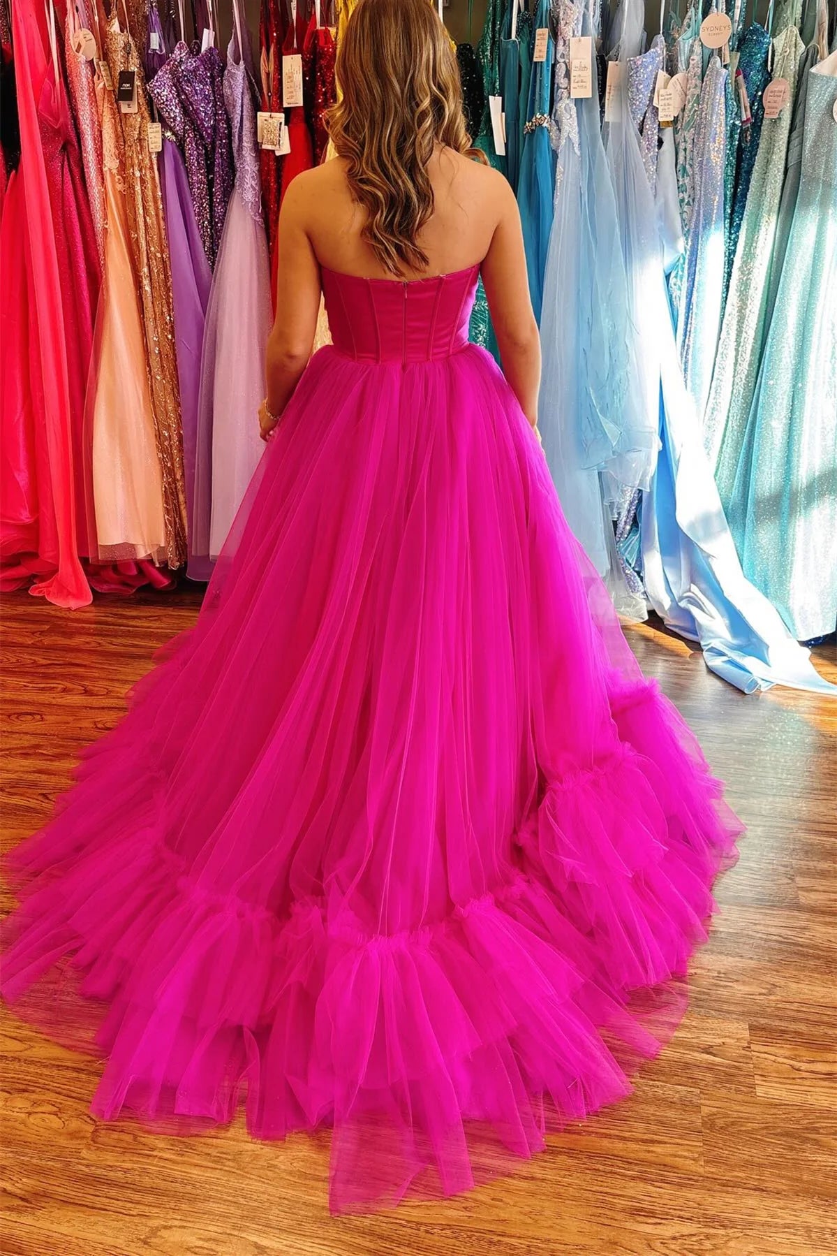 Elegant Hot Pink Long Tulle Strapless Prom Dress with Ruffles - Perfect for Homecoming, Formal Dances & Special Occasions