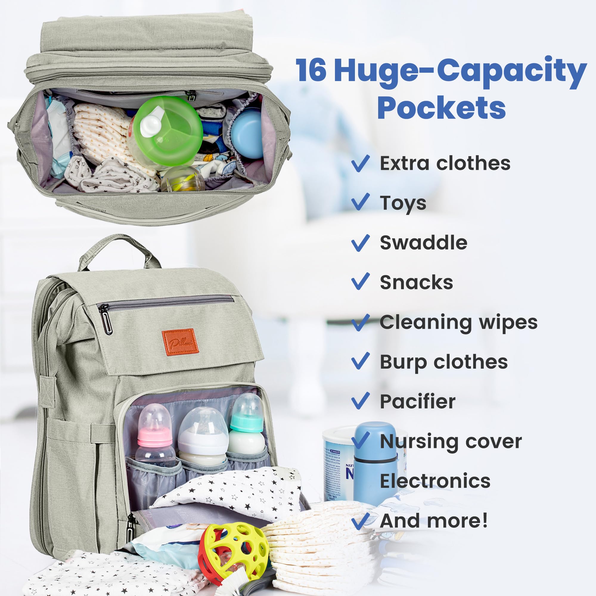 **PILLANI Baby Diaper Backpack - Large Travel Diaper Bag for Boys & Girls with Changing Pad - Perfect Baby Shower Gift & Registry Essential - Ideal for Newborns, Daycare & Family Outings**