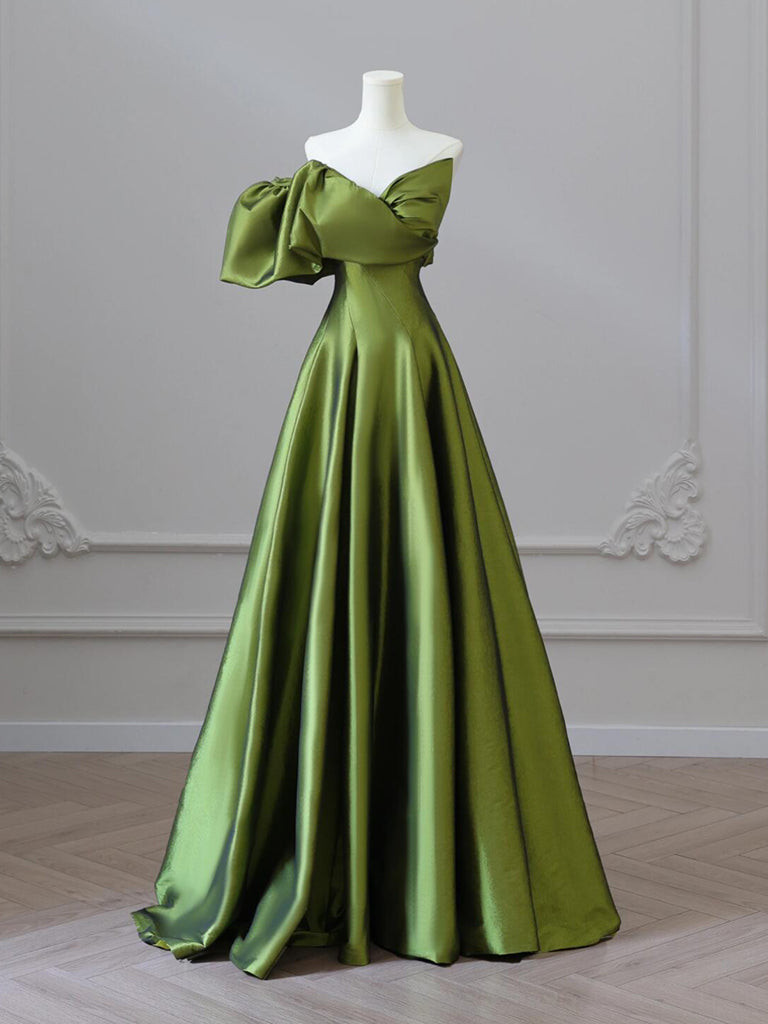 Elegant A-Line V-Neck Satin Green Long Prom Dress | Formal Evening Gown for Homecoming, Ball & Special Occasions