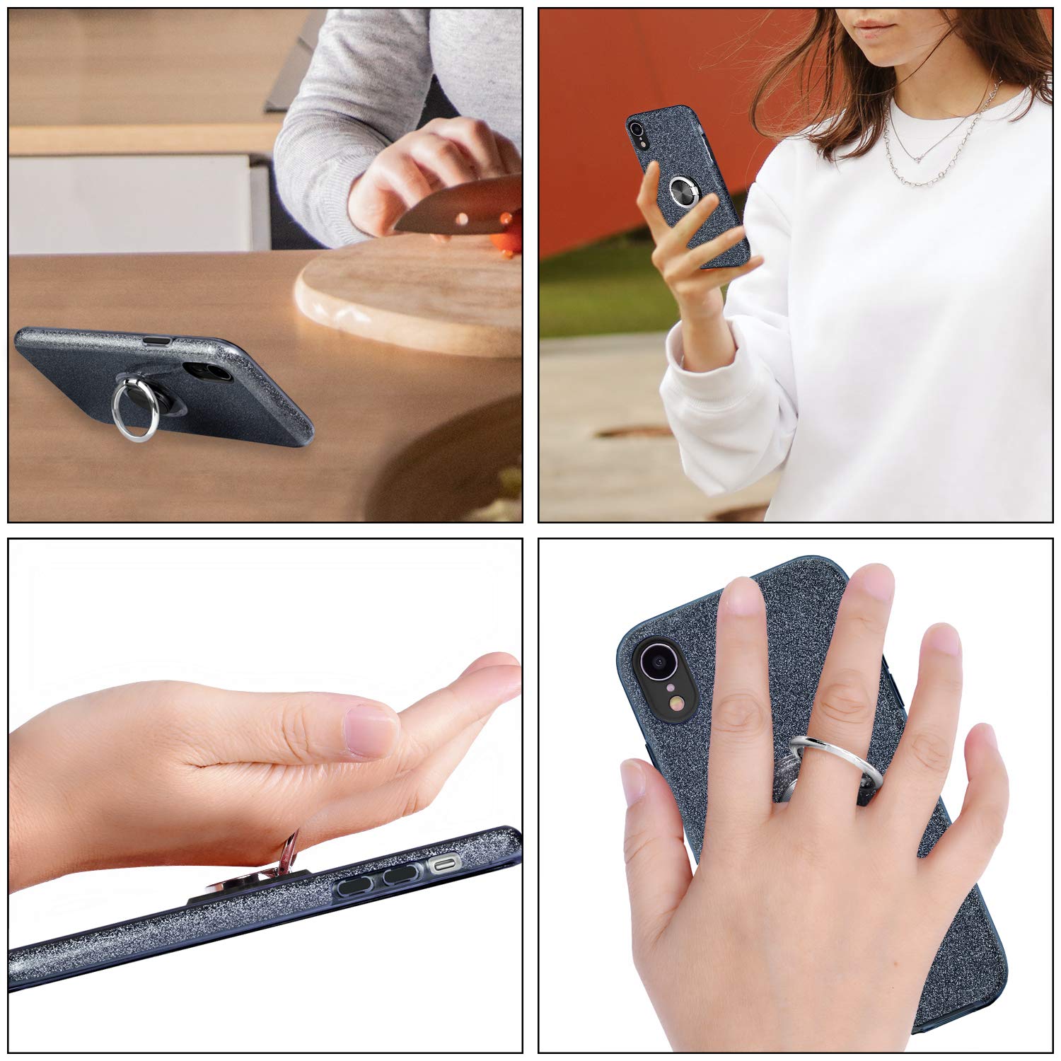 Wisdompro Sparkle Glitter Bling Protective Case with Ring Kickstand for iPhone XR 6.1 Inch - Cute Women Girls Phone Cover in Black | Perfect for Daily Use, Work, and Travel