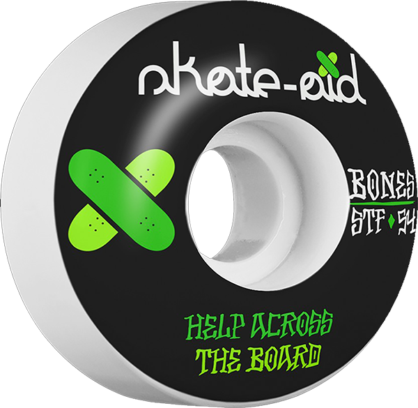 Bones Wheels STF Skate Aid II 54mm 83b White/Black with Green Skateboard Wheels (Set of 4) - High Performance Wheels for Street Skating, Park Riding & Smooth Cruising