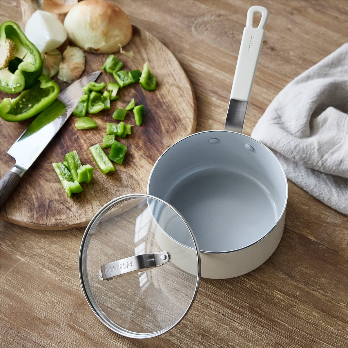 Bobby Flay by GreenPan Professional Ceramic Nonstick 2.53 Quart Saucepan with Lid - Cream | Healthy Cooking, Sauce Making & Meal Prep for Home Chefs