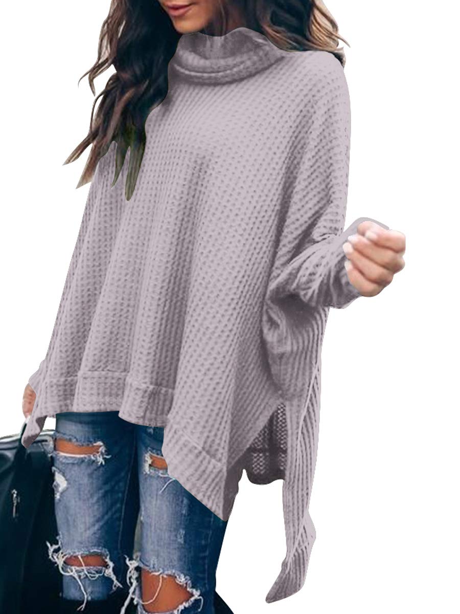 Caracilia Women's Oversized Batwing Sleeve Waffle Knit Pullover Sweater - Loose Fit Cowl Neck Long Tunic Top for Casual Wear, Fall & Winter Fashion, Office & Weekend Outfits