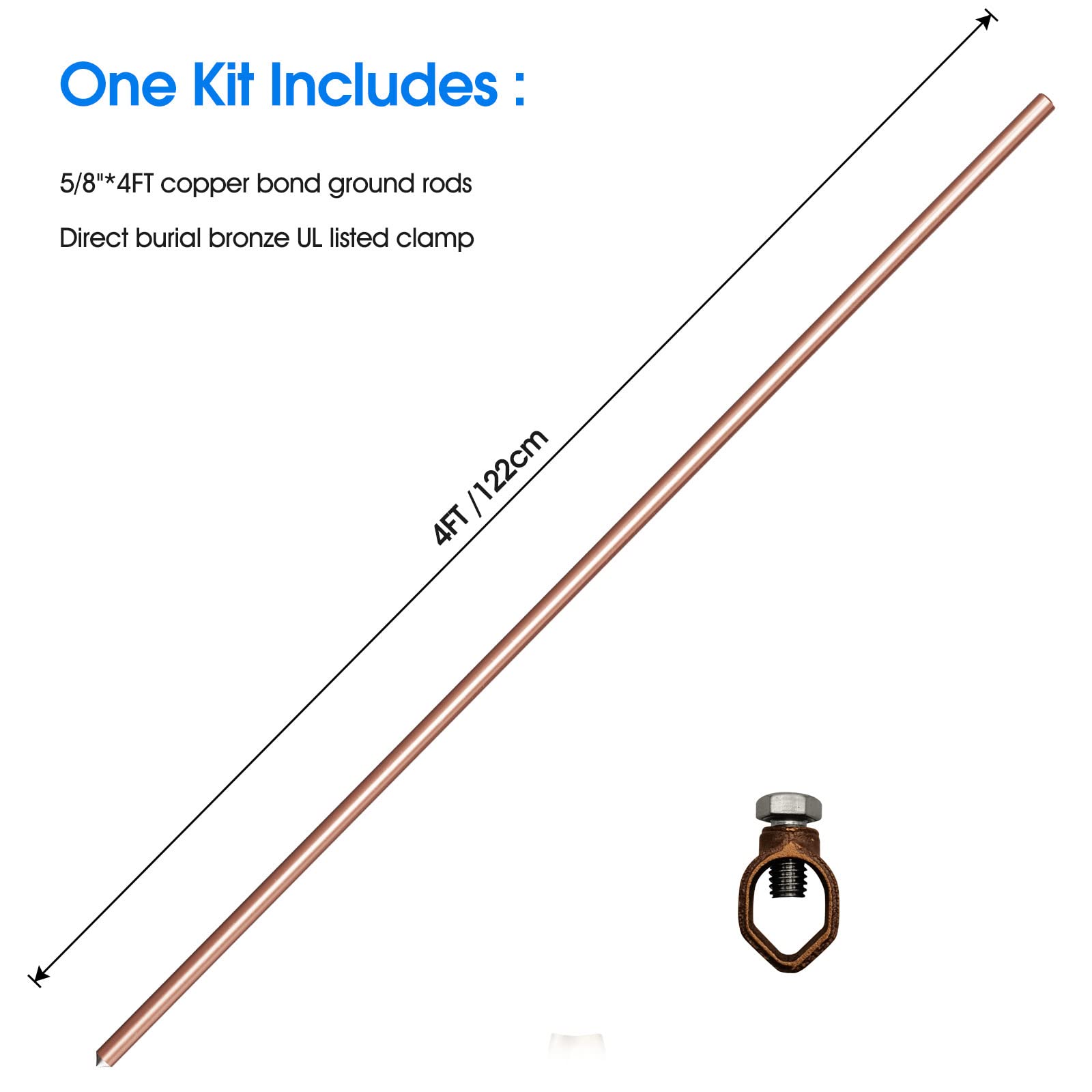GOUNENGNAIL 4ft Ground Rod Kit - 5/8'' UL Listed Bonded Electrical Copper Grounding Rod with Bronze Clamp for Lightning Protection & Earthing - Perfect for Fence, Swimming Pool, Solar Panel & Electrical System Grounding