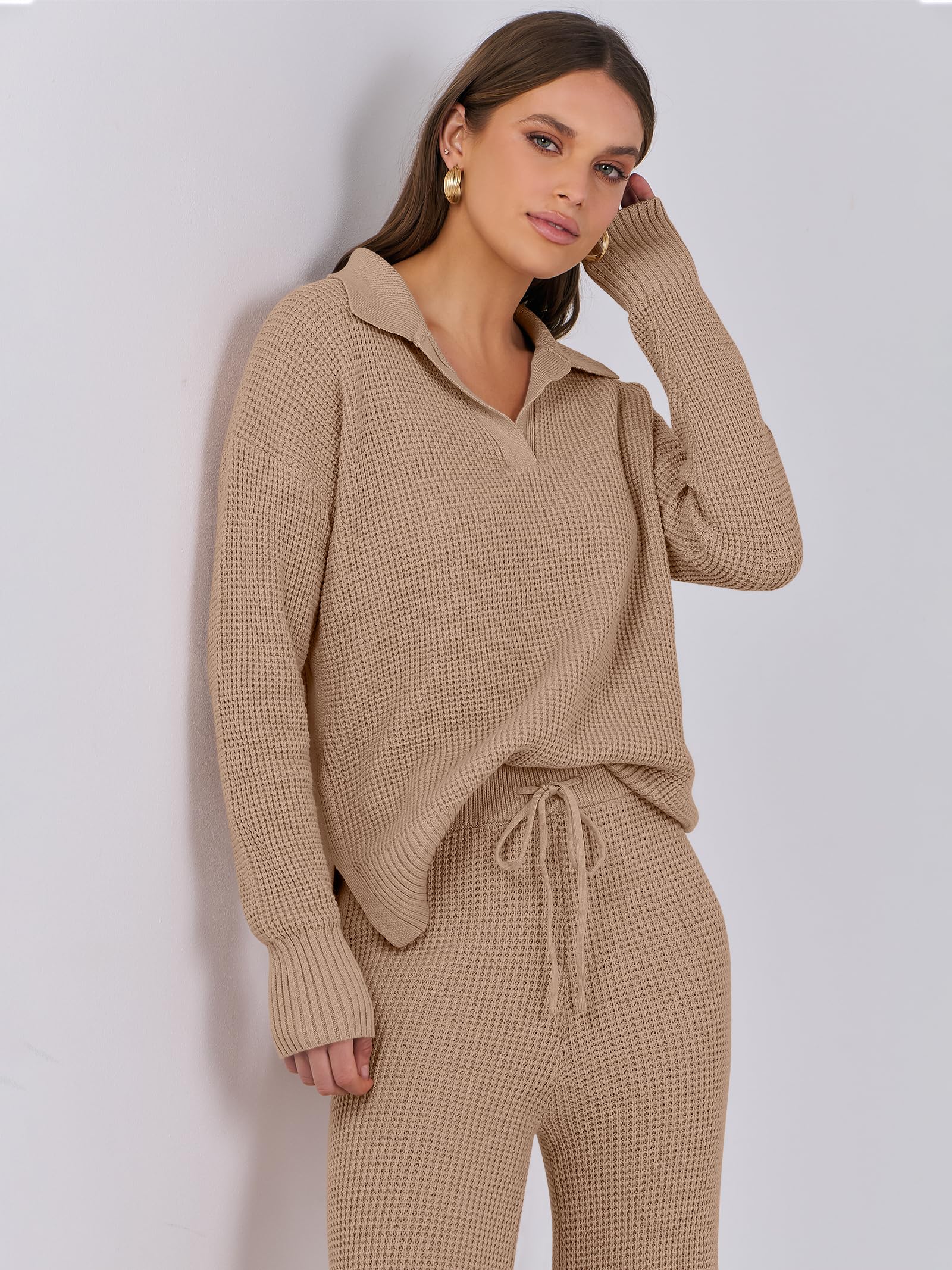 ANRABESS Women's Two Piece Outfits - Waffle Knit Sweater & Wide Leg Pants Lounge Set | Cozy Matching Tracksuit for Home, Travel & Casual Wear
