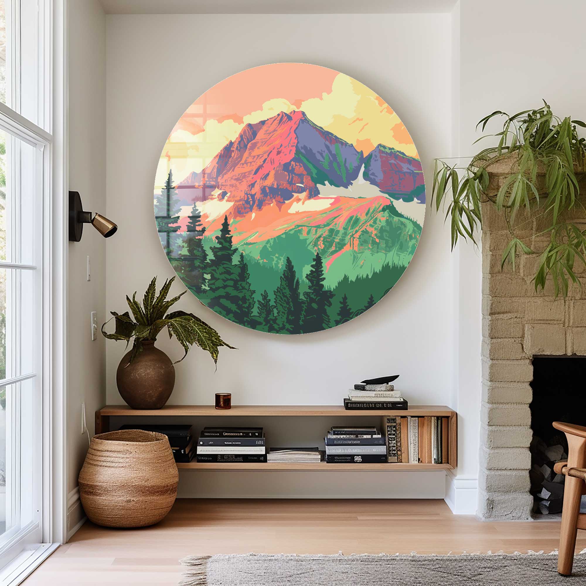 Mountains Illustration Rounded Glass Wall Art - Nature-Inspired Home Decor for Living Room, Bedroom & Office