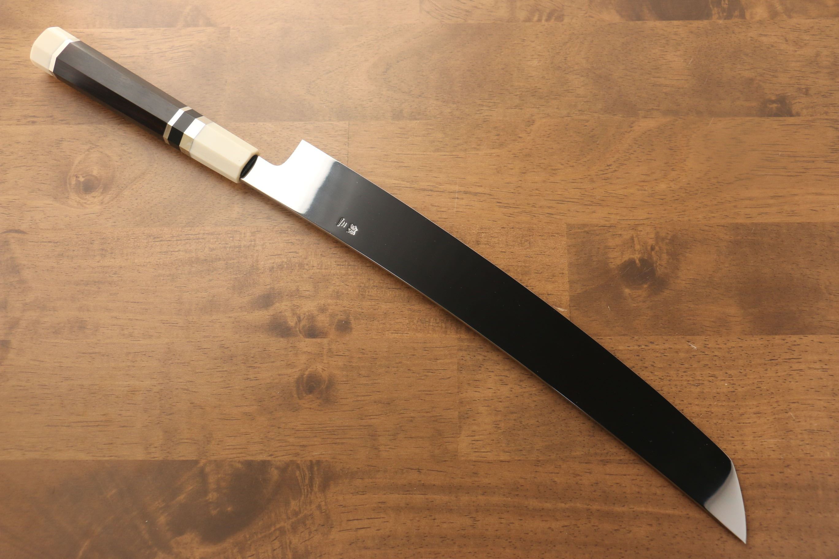 Premium Jikko Silver Steel No.3 Sakimaru Yanagiba 330mm Japanese Sushi Knife - Ebony Wood Handle with Decorative Ring - Perfect for Sushi Chefs & Professional Kitchen Use