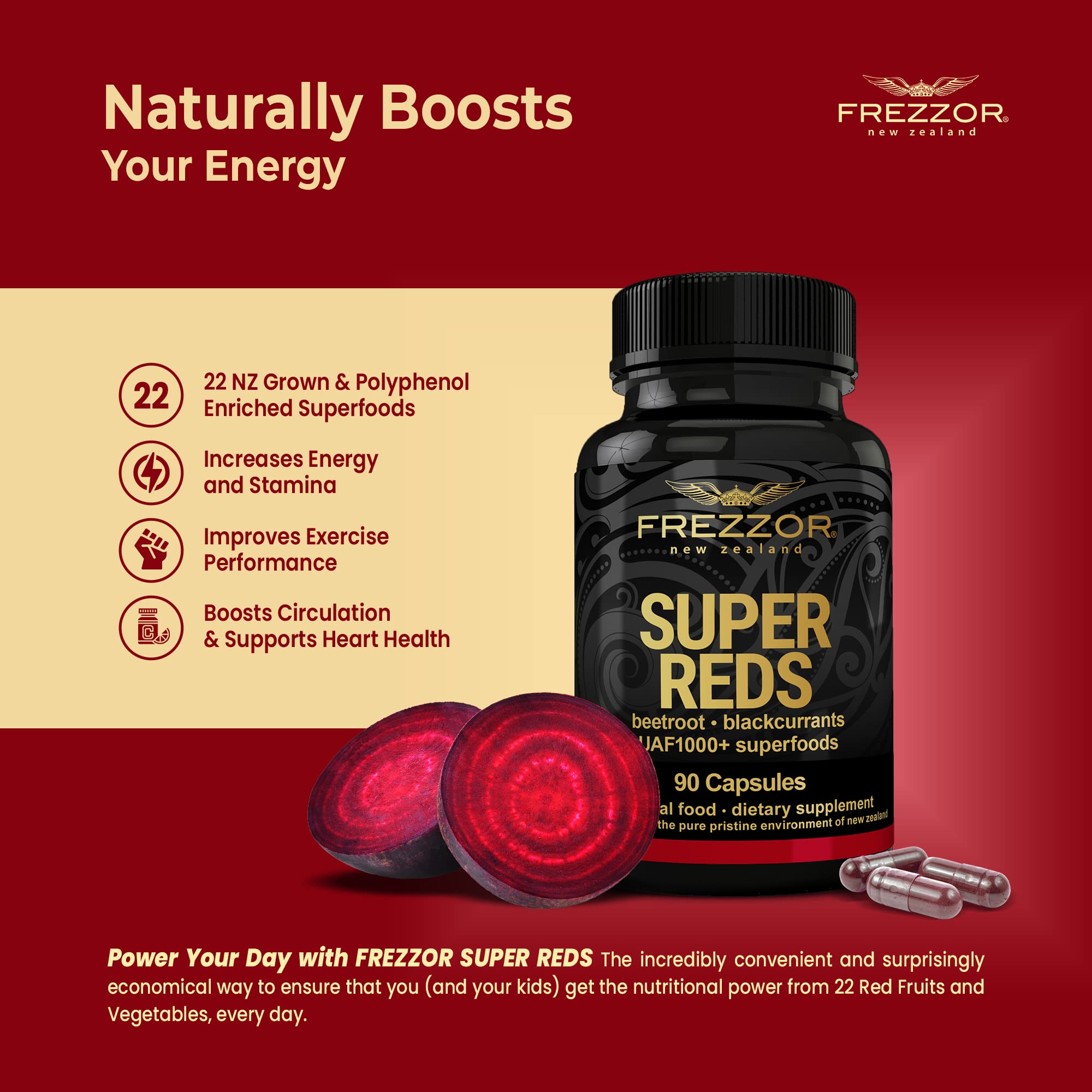 FREZZOR Super Reds Capsules with UAF1000+ | All-Natural New Zealand Red Superfood Energy Supplement | Antioxidant Rich Blend of Red Fruits, Vegetables & Beets | 360 Capsules (4 Bottles) | Boost Energy & Vitality for Active Lifestyles