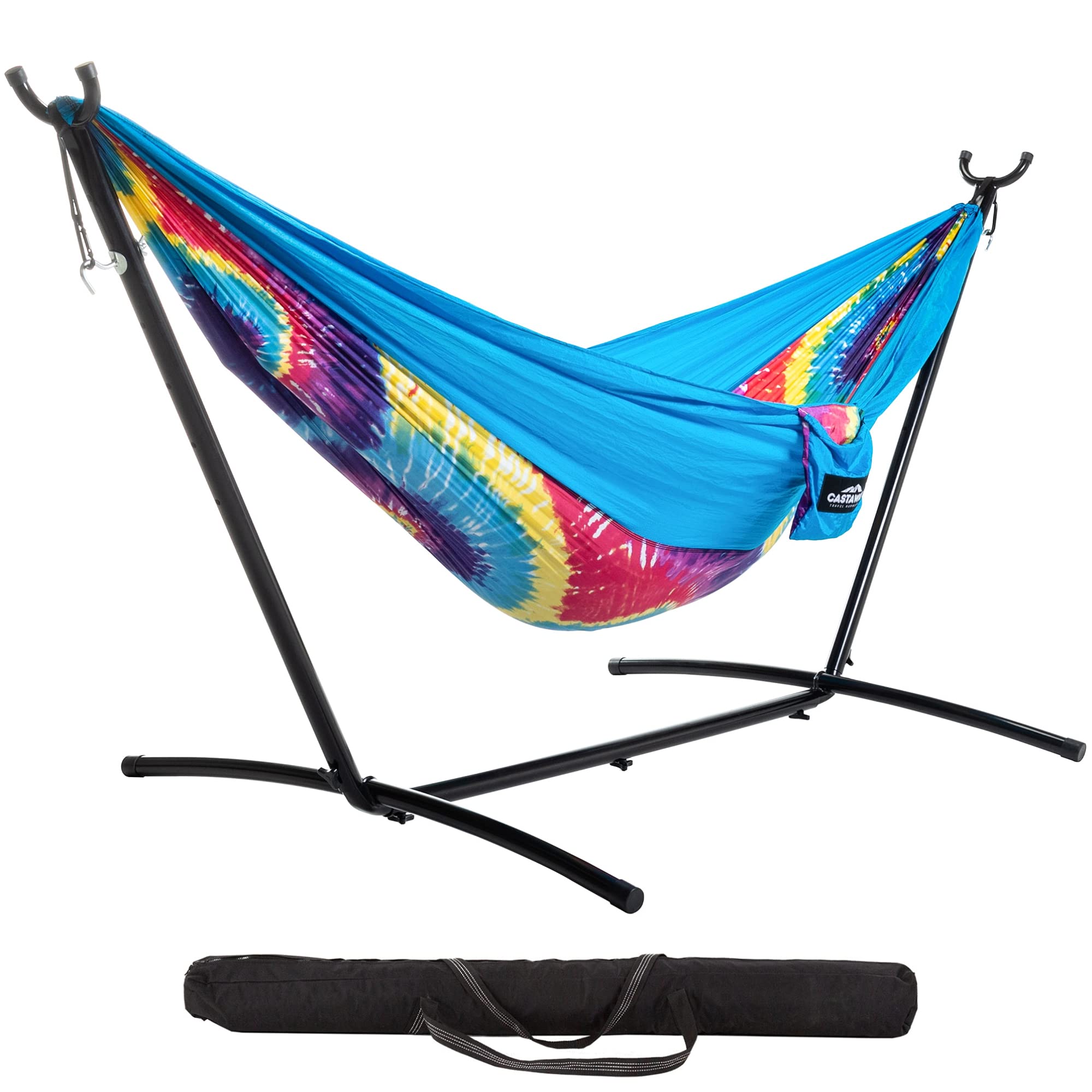 Castaway Living Travel Camping Hammock with Space-Saving Stand & Storage Bag - 400 LB Weight Capacity, Tie Dye Design - Perfect for Backpacking, Beach Trips, and Backyard Relaxation
