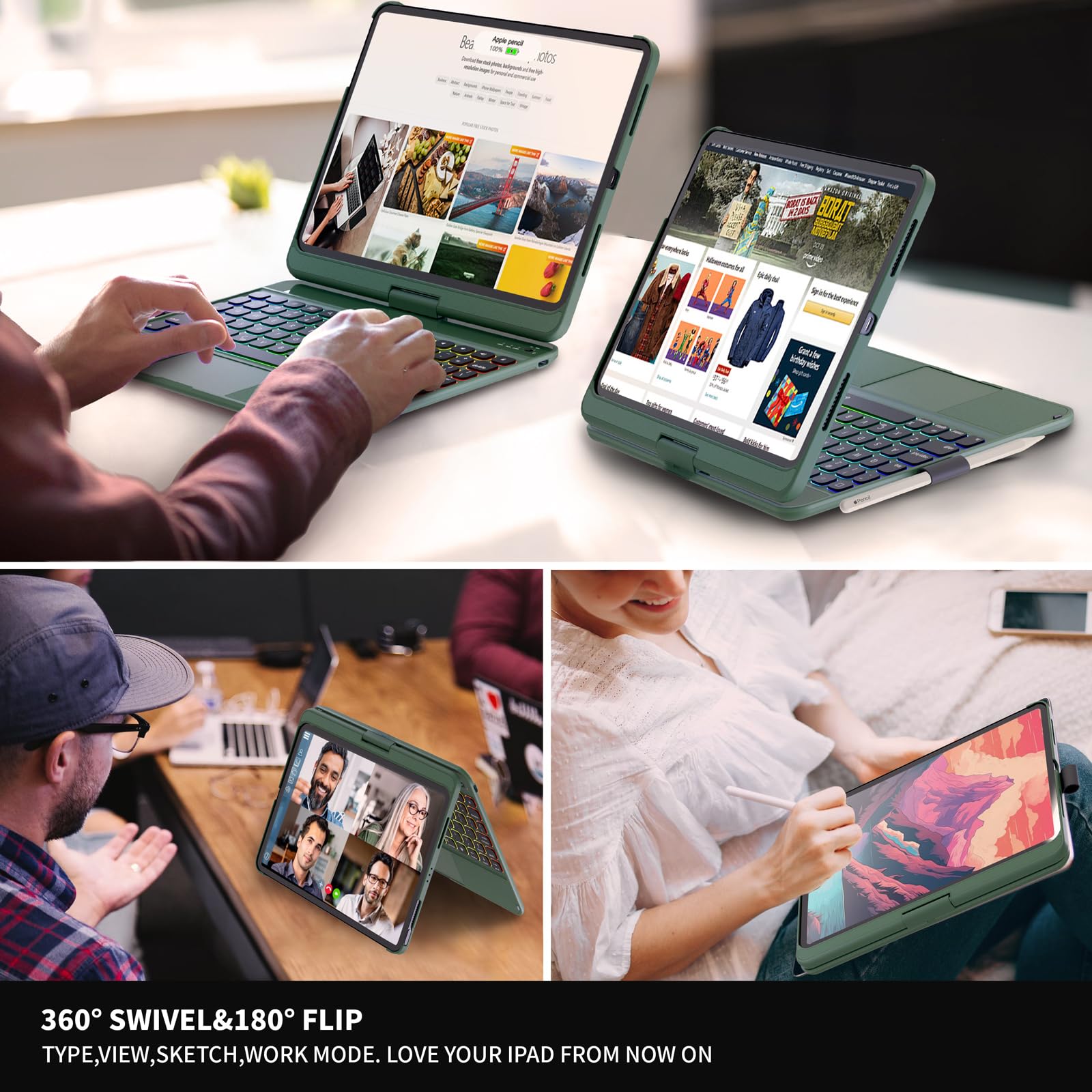 BABG iPad Air 11 inch Keyboard Case (M2) 2024 - TouchPad, 360° Rotating Stand, Backlit Keyboard for iPad Pro 11 inch 4th/3rd/2nd/1st & iPad Air 5th/4th 10.9 inch - Midnight Green - Perfect for Work, Study & Travel