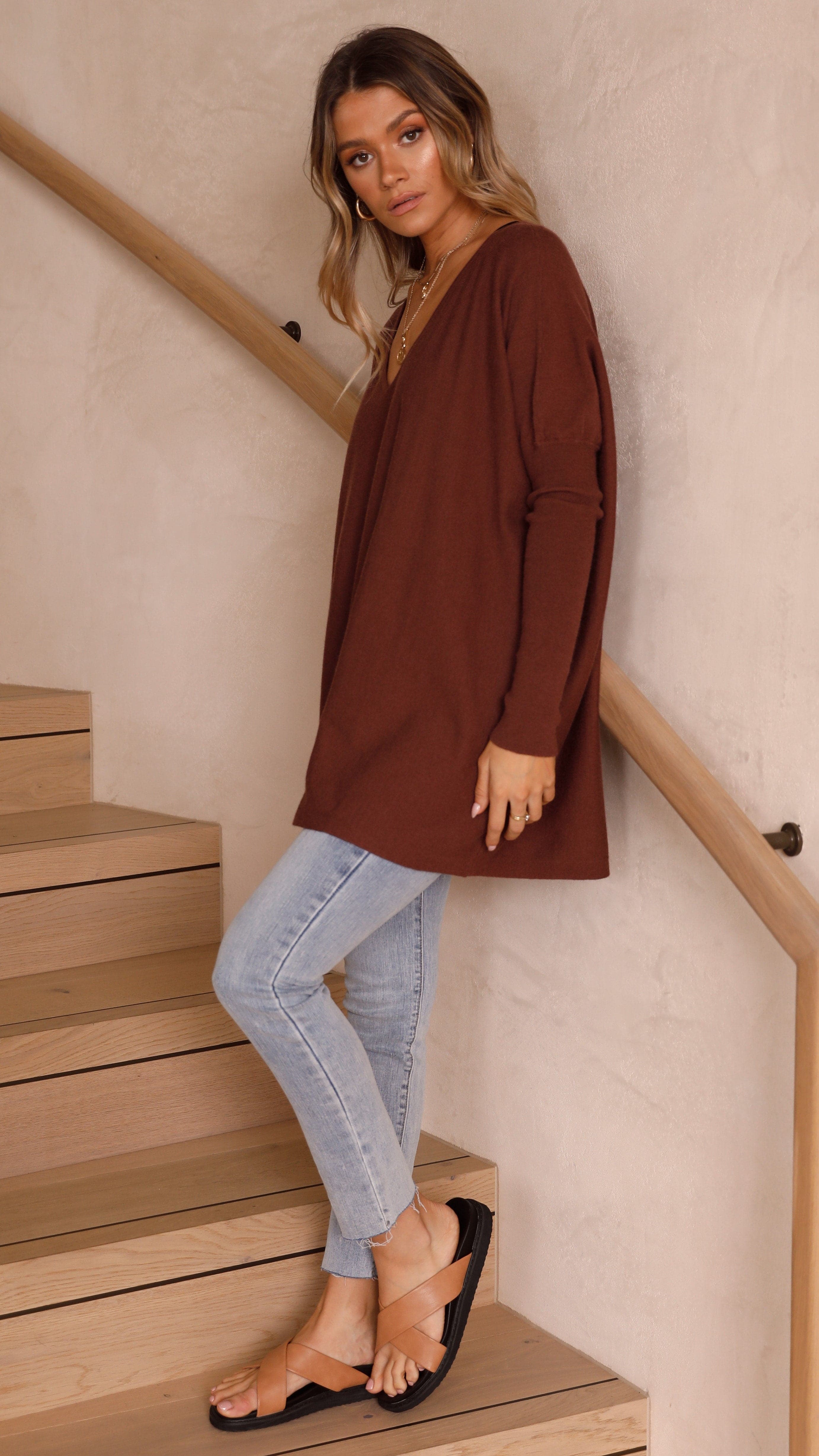 Amalia Knit Top Women's Casual Long Sleeve Sweater Chocolate Brown - Perfect for Fall Layering & Office Wear